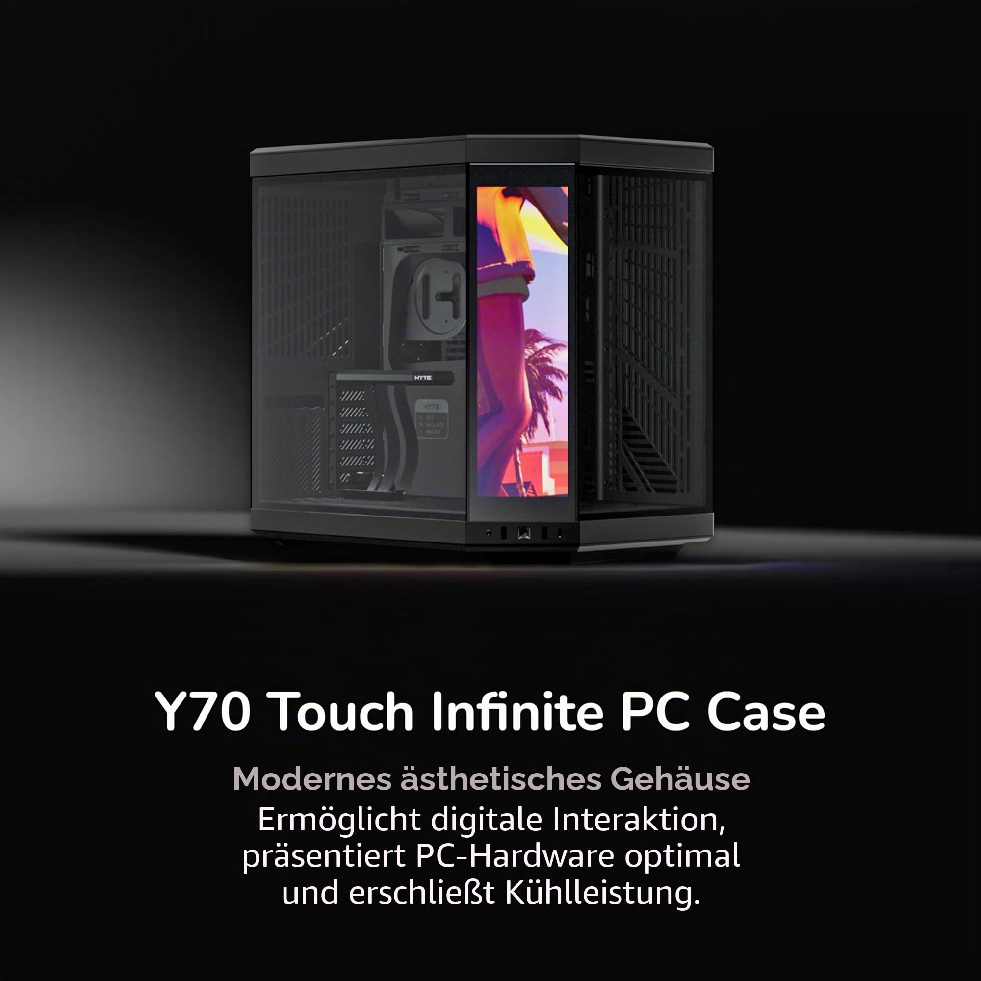 Hyte Y70 Touch Infinite Dual Chamber ATX Mid Tower Modernes ästhetisches Gehäuse mit integriertem 2,5K LCD-Touchscreen - Pitch Black