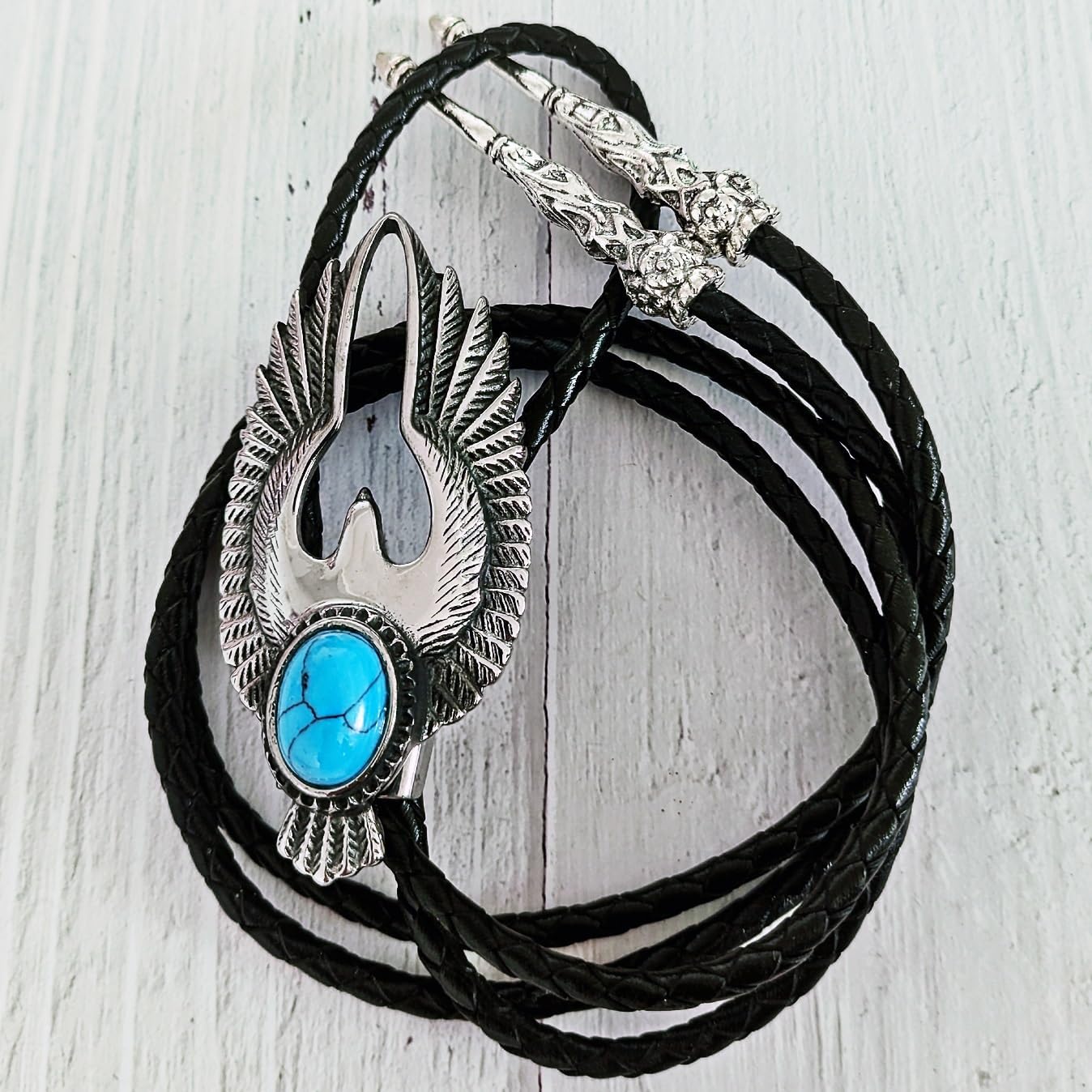 Thunderbird Bolo Tie for Men & Women, Natural Turquoise Stone, Feather Dangles, Cowhide Leather Cord, Adjustable Western Southwestern Accessory