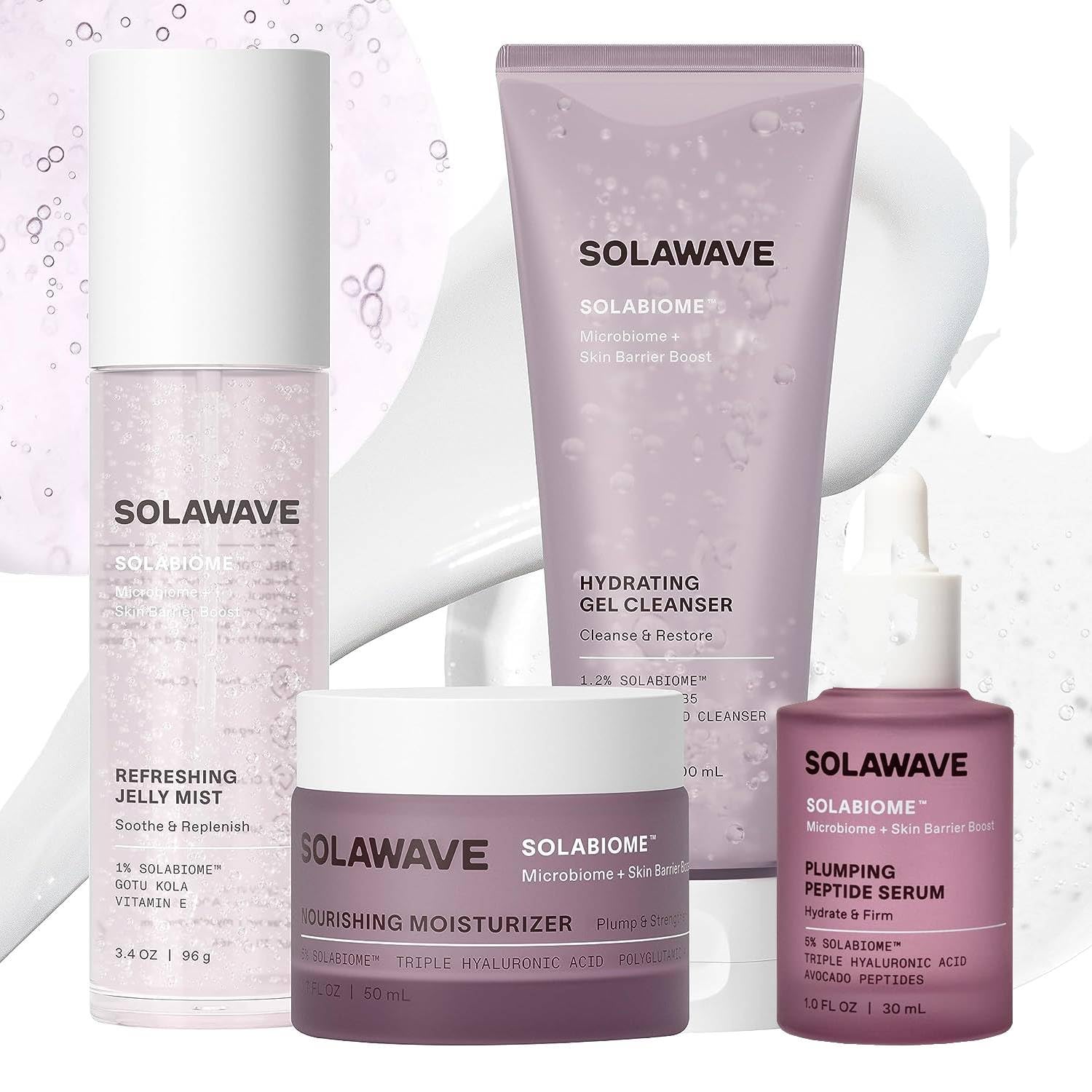 SolawaveMicrobiome + Skin Barrier Skincare Bundle (Cleanser, Jelly Mist & Moisturizer) with Hyaluronic Acid, Probiotics, Beta Glucan, Pro Vitamin B5, Gota Kula, Vitamin E Antioxidants