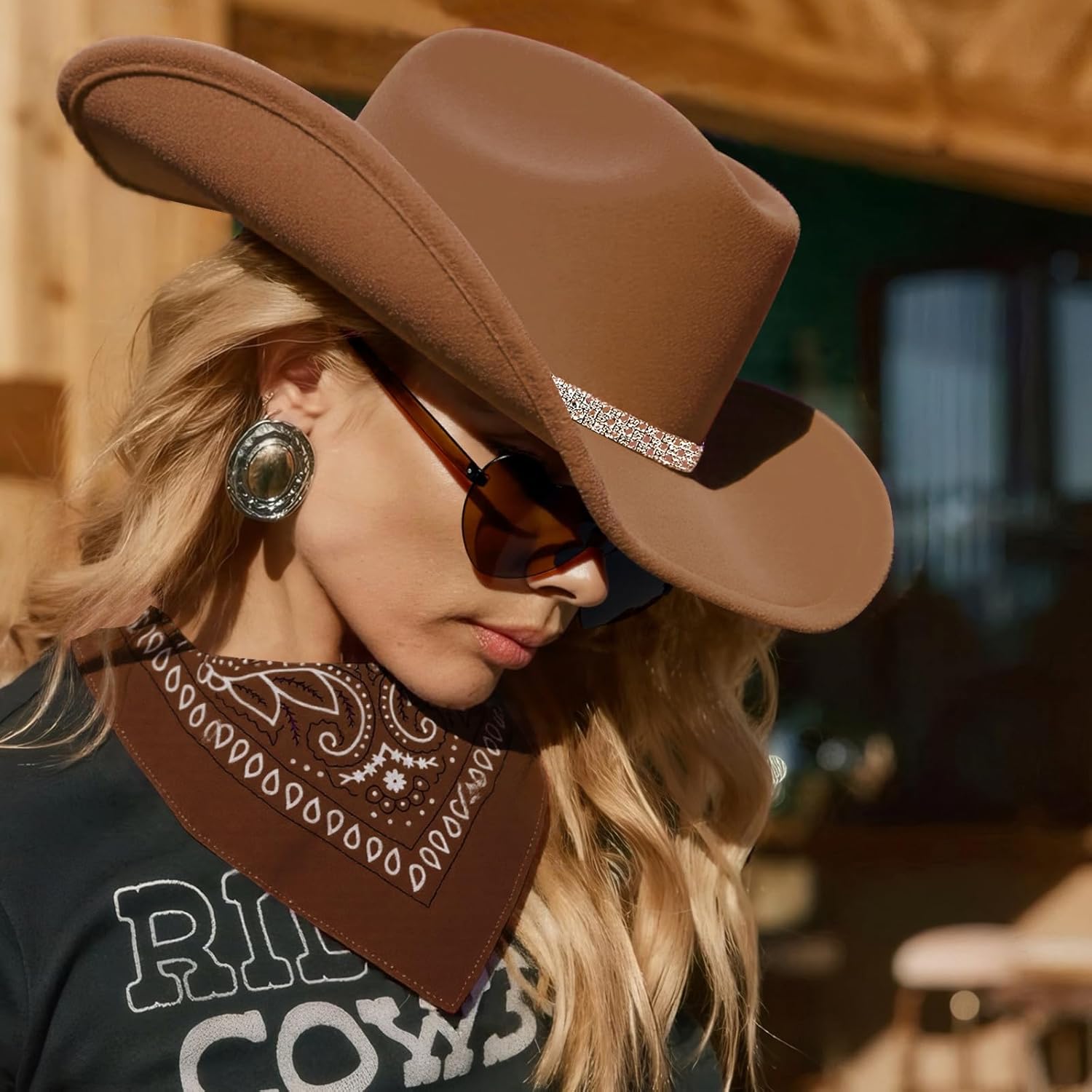 3Pcs Rhinestone Cowboy Hat for Women with Bandana, Heart Sunglasses set, Wide Brim Cowgirl Hat for Western Disco Party - Image 2