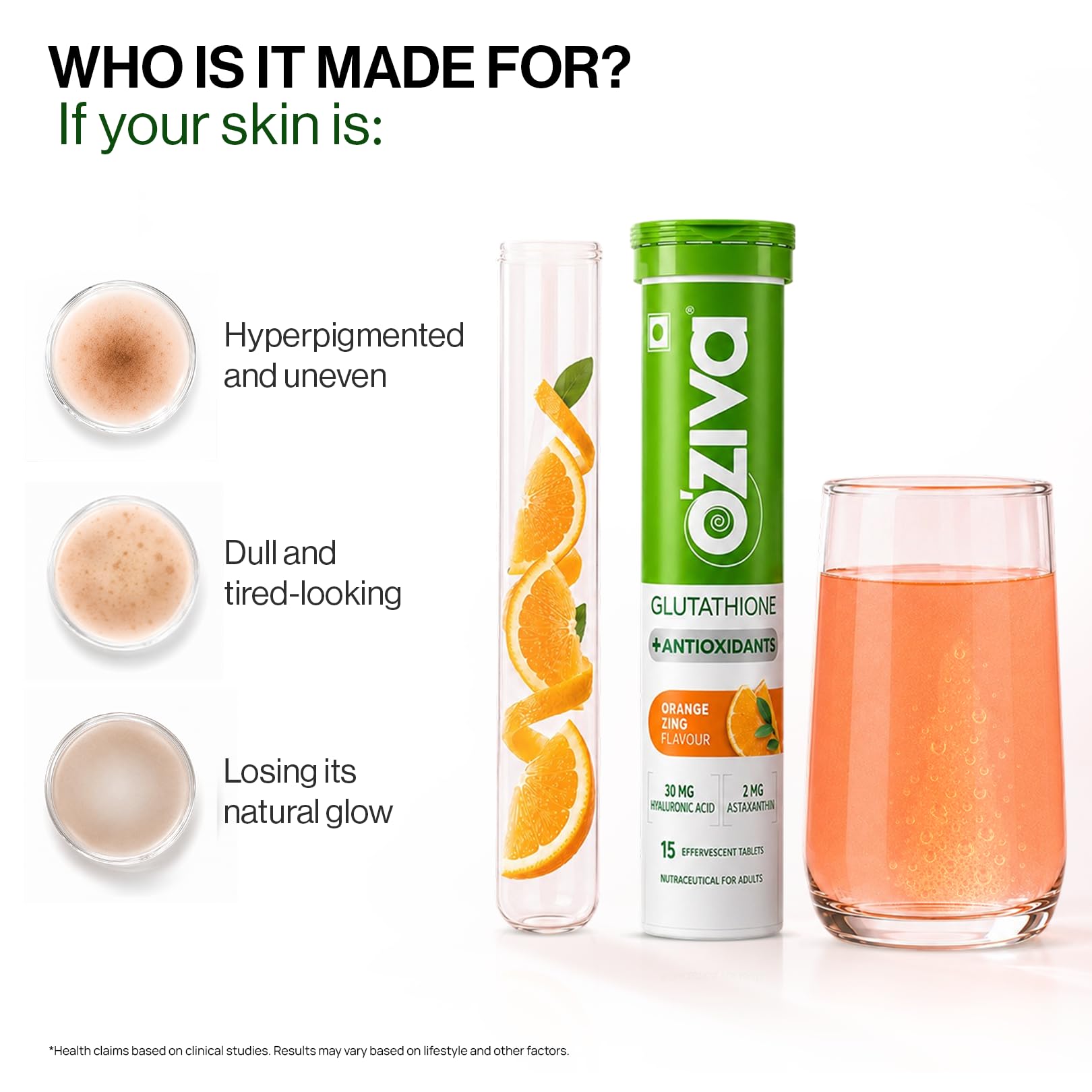 OZiva Bioactive Glutathione Tablets, Skin Glow, Vitamin C, Orange, 15 Tabs — Amazon image 8