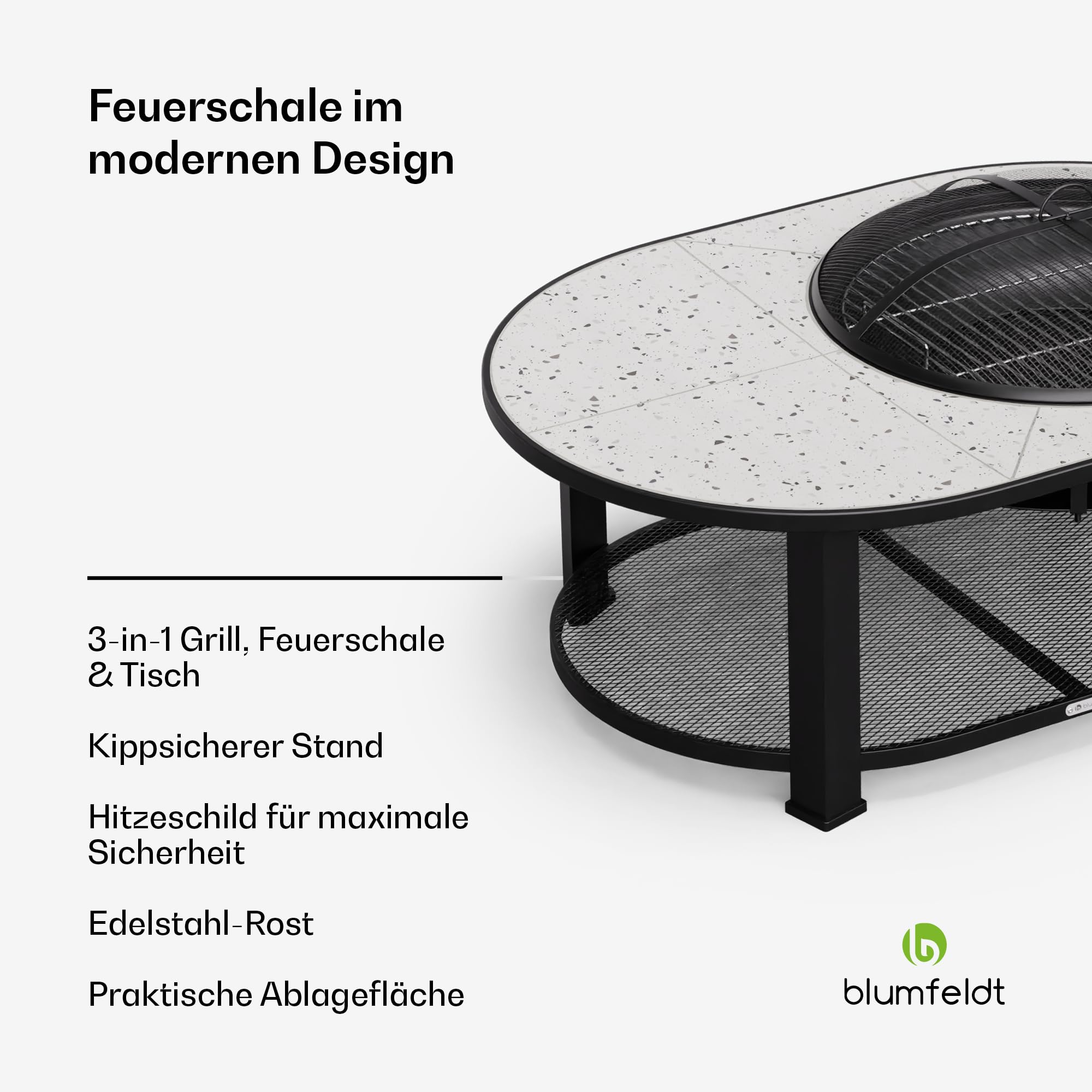 Blumfeldt Merano Circolo L Feuerschale - 3-in-1 Feuerschale mit Grillrost & Tisch, robuster Stahlrahmen, Terrazzo-Tischplatte, inkl. Funkenschutz, Schürhaken & Deckel, für Garten & Terrasse