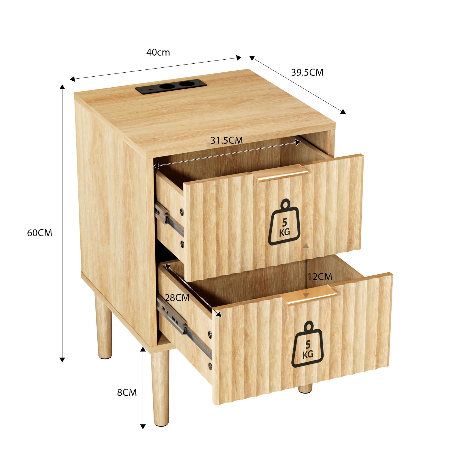LEADZM Nachttisch 2er Set mit Ladestation, Nachttische 2 Schublade, Beistelltisch für Schlafzimmer, Europäischer Stecker, 40 x 39,5 x 60 cm