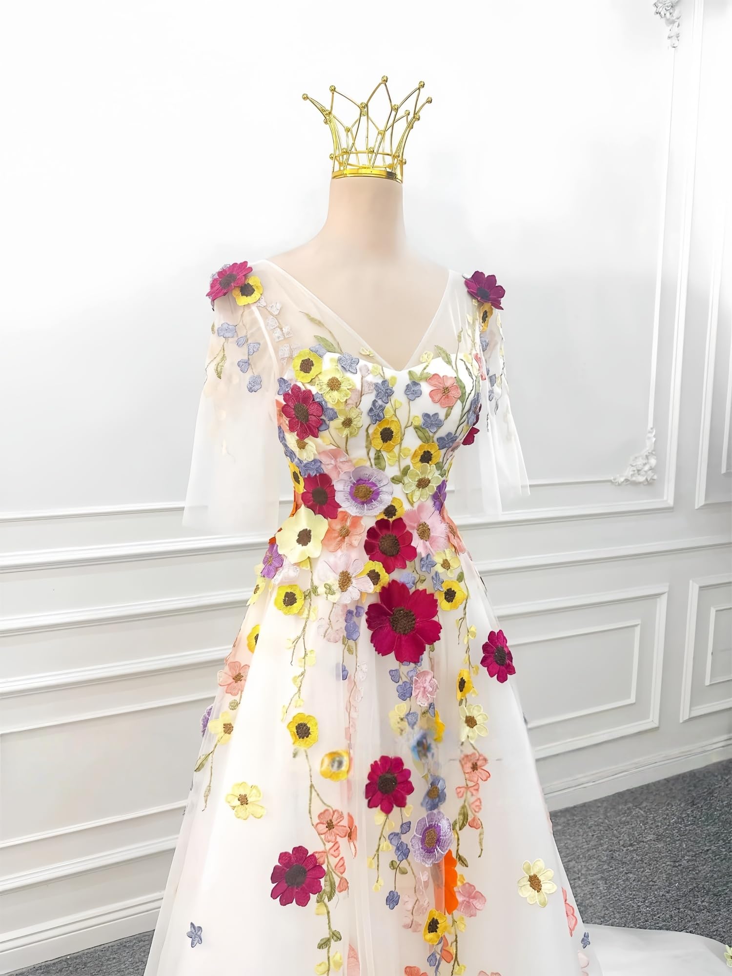 TSxuelian Fiori 3D Mezze Maniche Abito Da Sposa Ricamo Floreale Tulle Una Linea Puff Abiti Da Sposa per Le Donne Vestidos De Noche