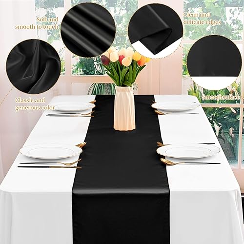 Miniatura 4 de Paquete de 20 caminos de mesa de satén negro de 12 x 108 pulgadas de largo, para decoración de bodas, fiestas, eventos, fiestas de cumpleaños,