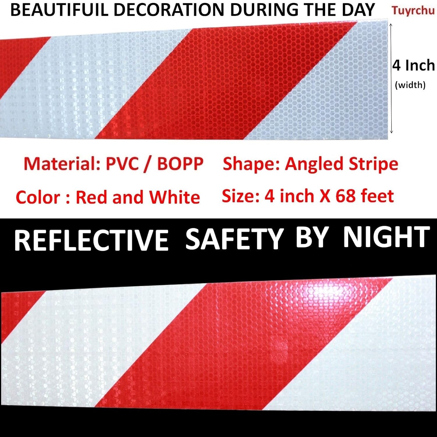 Reflective Tape Red White 4 Inch x 68 Feet, Outdoor Waterproof Hi-Visibility Adhesive Stickers, Hi-Intensity Safety Strips