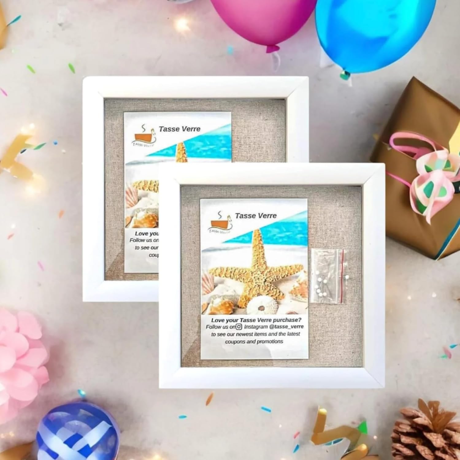 Tasse Verre 8x8 White Display Shadow Box (2-Pack) Frame w/Linen Background and 16 Stick Pins - Ready to Hang Shadowbox Picture Frame - Box Display Baby Memorabilia Wedding