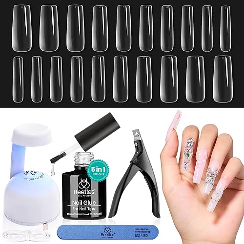 Miniatura 12 de Beetles Kit de Uñas de Gel de Extensión Fácil, 240 piezas Puntas de Uñas Cuadradas Cortas Suaves con Gel Base de Pegamento 5 en 1 y Lámpara LED