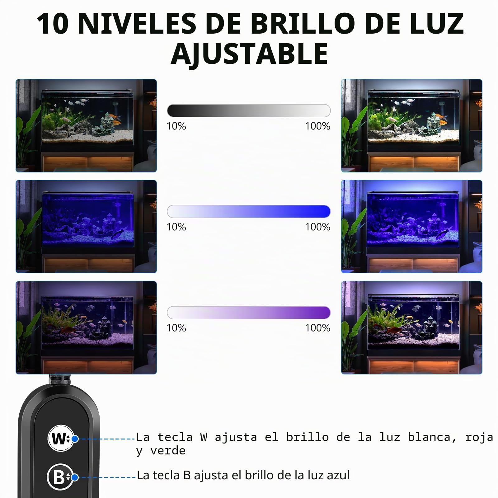 Iluminación de acuario, iluminación LED de espectro completo de acuario, 10 niveles de brillo ajustables, 22 W 24/7 modo de iluminación para cualquier clima, con soporte retráctil para acuarios de