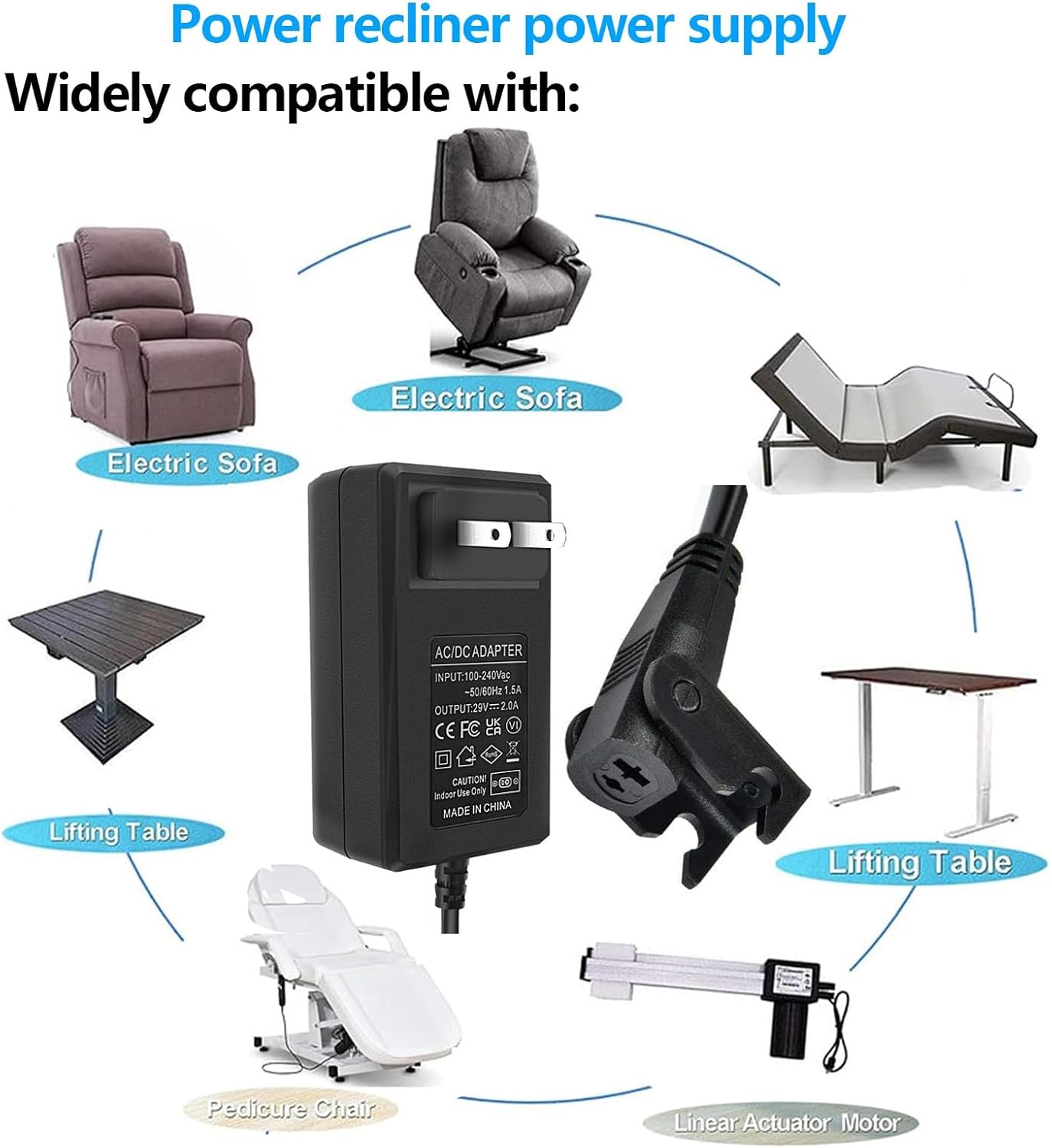 29V 2A AC/DC Power Adapter for Limoss Okin, Universal Recliners, Lift Chairs, Power Sofas and Adjustable Beds Power Supply Cord Replacement (Straight)