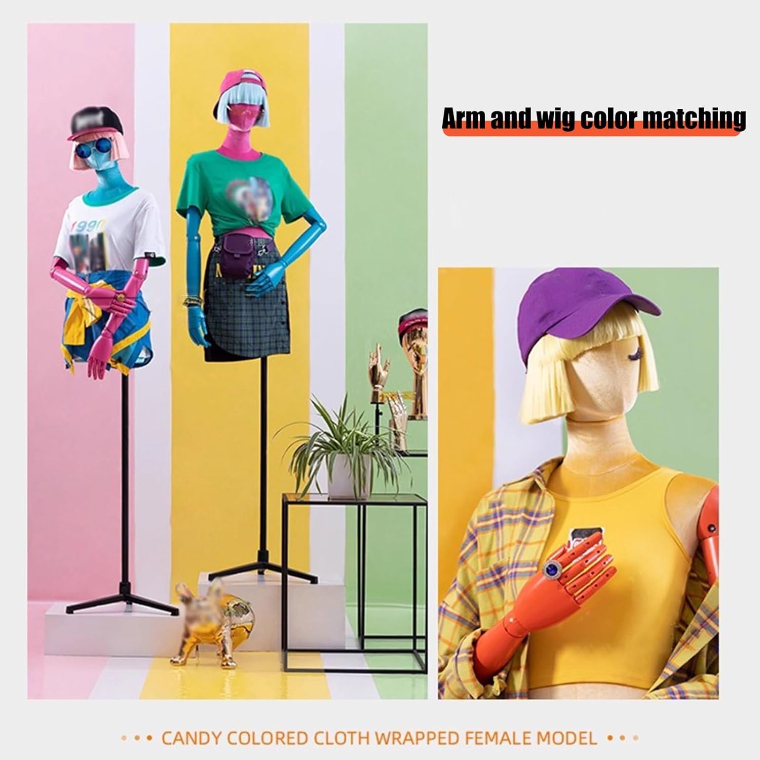 Clothing Store Human Retail Mannequins, Adjustable Height 62.2-78.7In Metal Bracket Manikin, Poseable Solid Wood Arm,Orange,Triangle