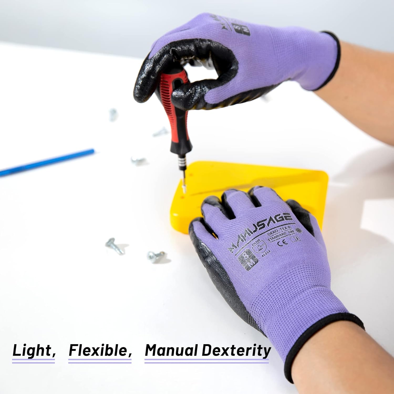 MANUSAGE Safety Work Gloves for Men and Women With Touchscreen Fingers, Nitrile Grip, Mechanics (Size L, Purple, 24-Pairs)
