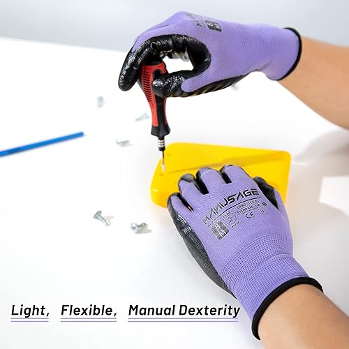 Miniatura 10 de Manusage Guantes de trabajo de seguridad, ajuste elástico cómodo 3D, agarre potente, pantalla táctil, revestimiento de nitrilo suave duradero,