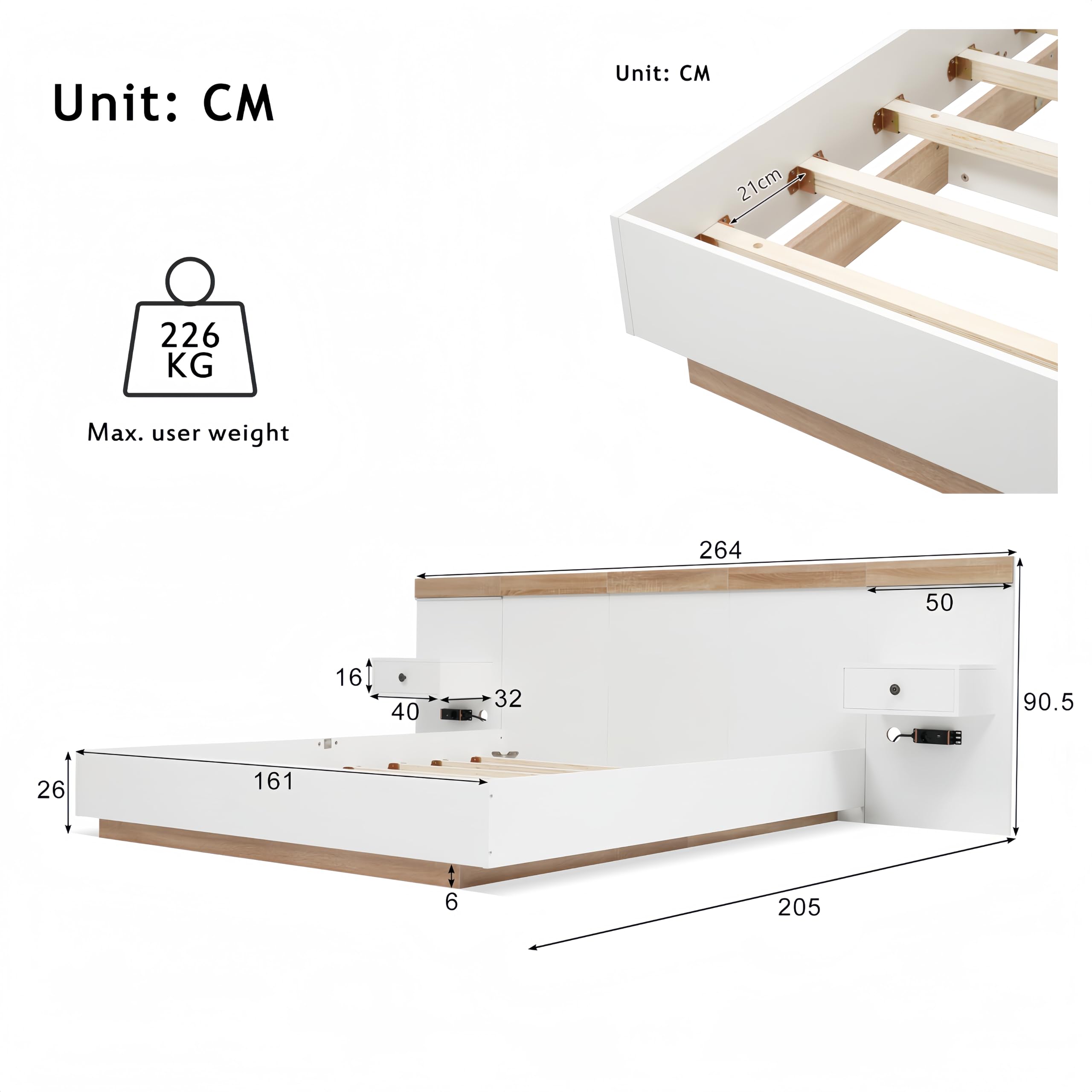 Sapgaks Łóżko 160 x 200 z listwami i głową, łóżko do bagażnika z 2 stolikami nocnymi LED i gniazdem USB, łóżko dla 2 osób z miejscem do przechowywania, podwójna rama, zestaw z białego dębu (bez