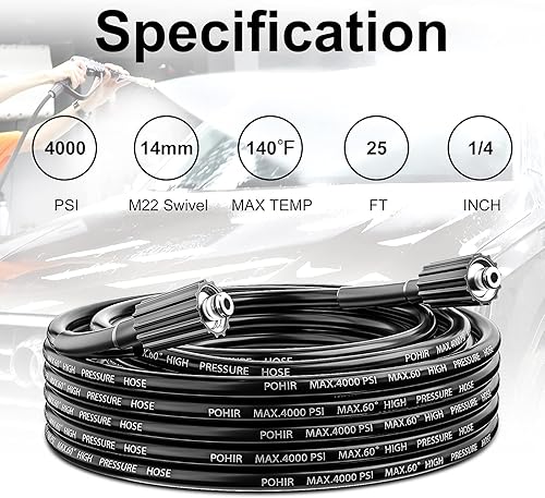 Miniatura 2 de POHIR Manguera de lavado a presión de 25 pies, resistente a las torceduras, manguera de repuesto para lavadora eléctrica de 14 pulgadas con giro M22