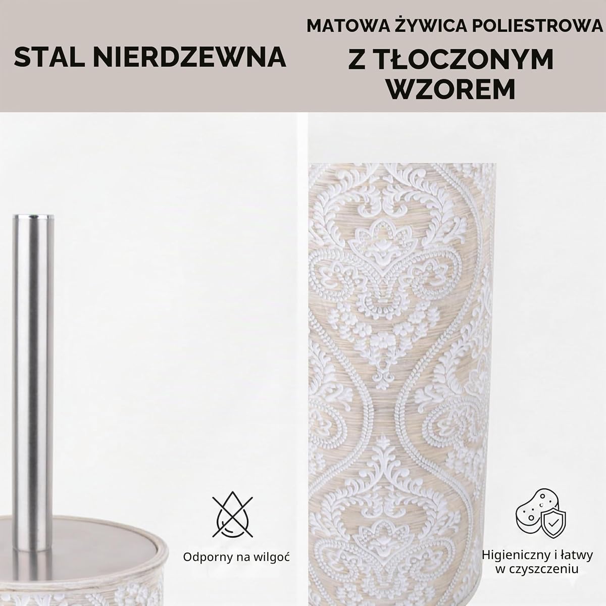 Gesloten uchwyt na szczotkę toaletową Seria DAMAST - Stal nierdzewna - Uchwyt z poliwęglanu z kwiatowym reliefem damaskowym - Matowy kremowy