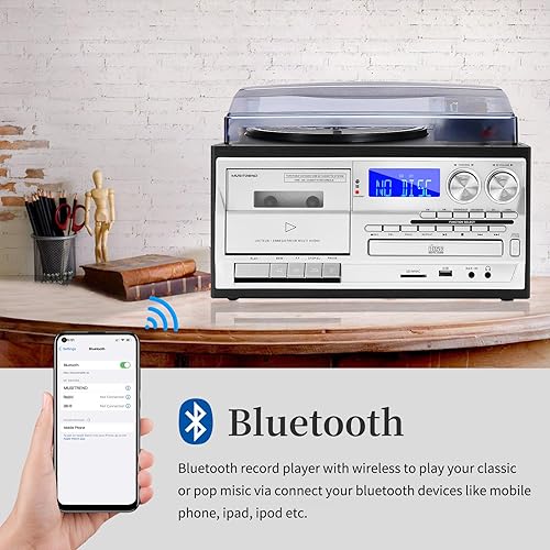 Miniatura 3 de Reproductor de discos 9 en 1 con altavoces externos, tocadiscos Bluetooth de 3 velocidades con reproducción de CDcassette, radio AMFM, reproducción