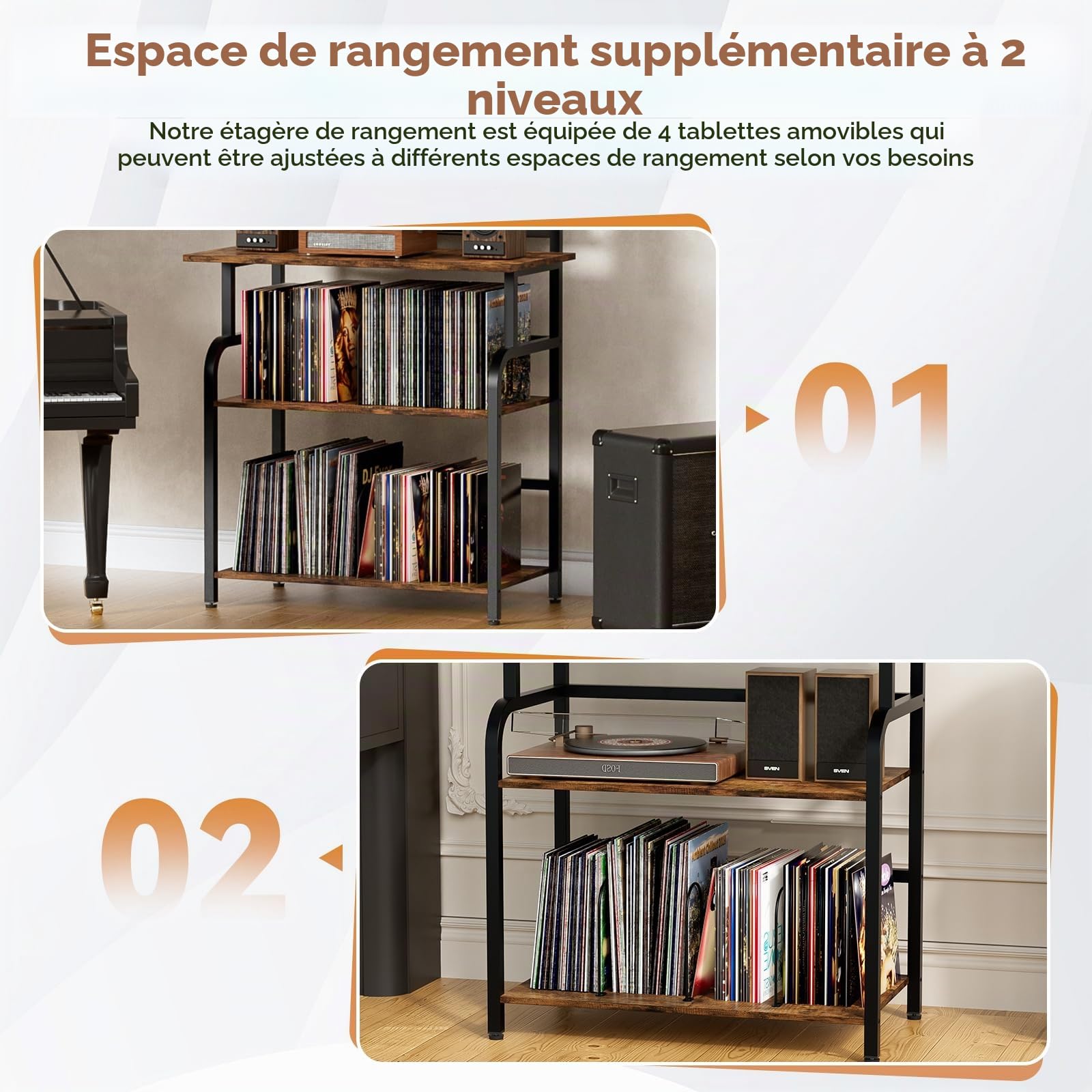 6 étages Platine Support Vinyle Rangement,Présentoir pour Disques Vinyles avec 3 étages rangement de disques vinyles,Armoire Table de Tourne,Tourne Disque Vinyle Stockage pour Salon,Studio,78x169x38cm