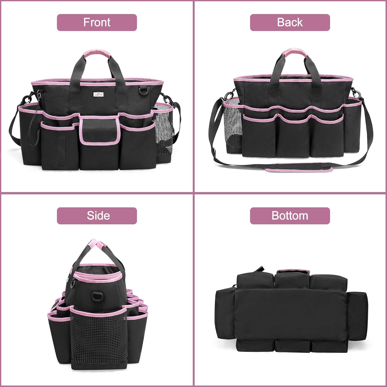 LoDrid Cleaning Caddy Bag with Handle and Shoulder Strap, Cleaning Supplies Organizer for Cleaning Work with 3 Compartments and Multifunctional Pockets, Black with Pink Edge
