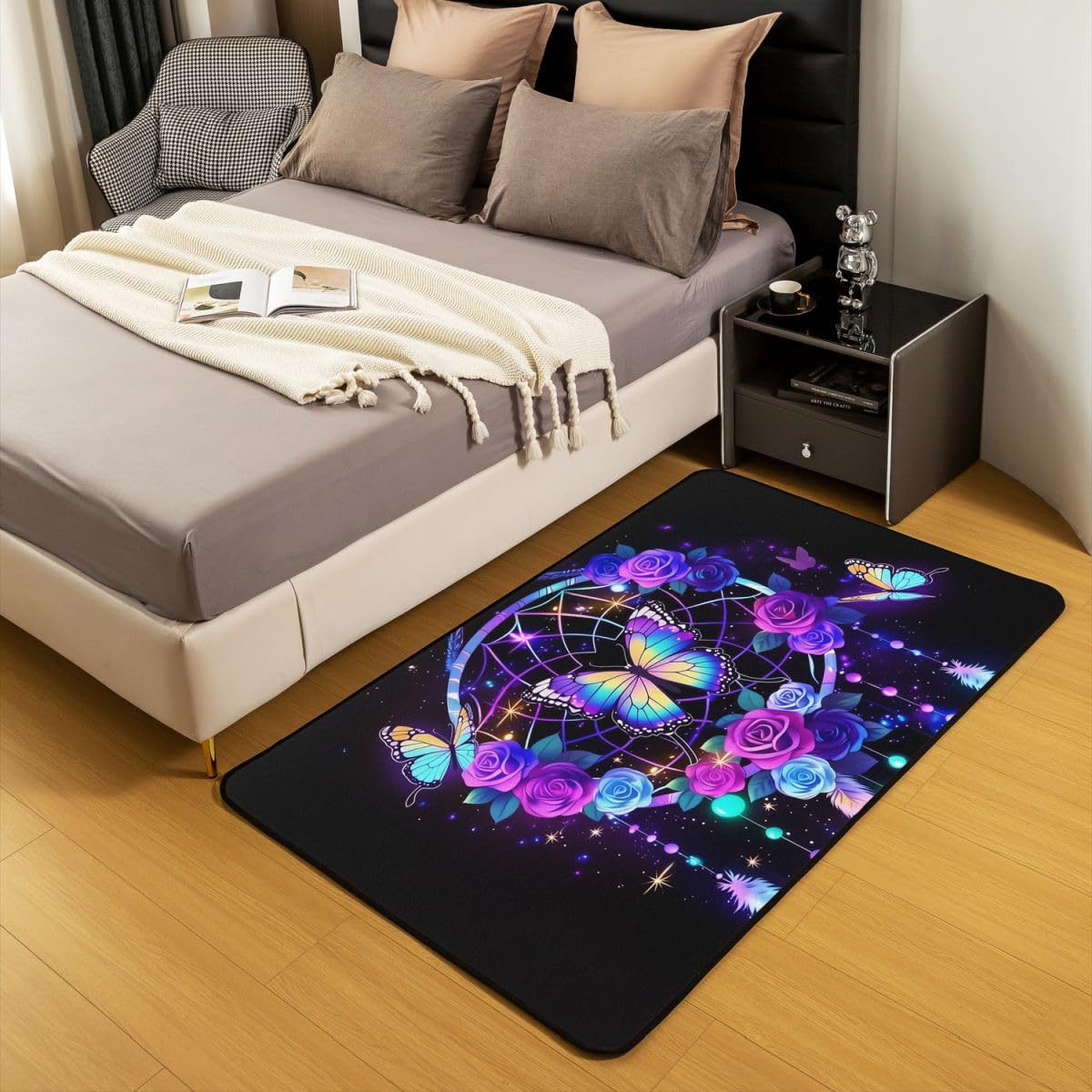 Homewish Traumfänger Rugs for Living Room 150x200 Lila Rosen Schmetterling Teppich Mystischer Traumfänger Schlafzimmer Teppiche Feder Blumen Galaxie Wohnzimmer Carpet Pflegeleicht