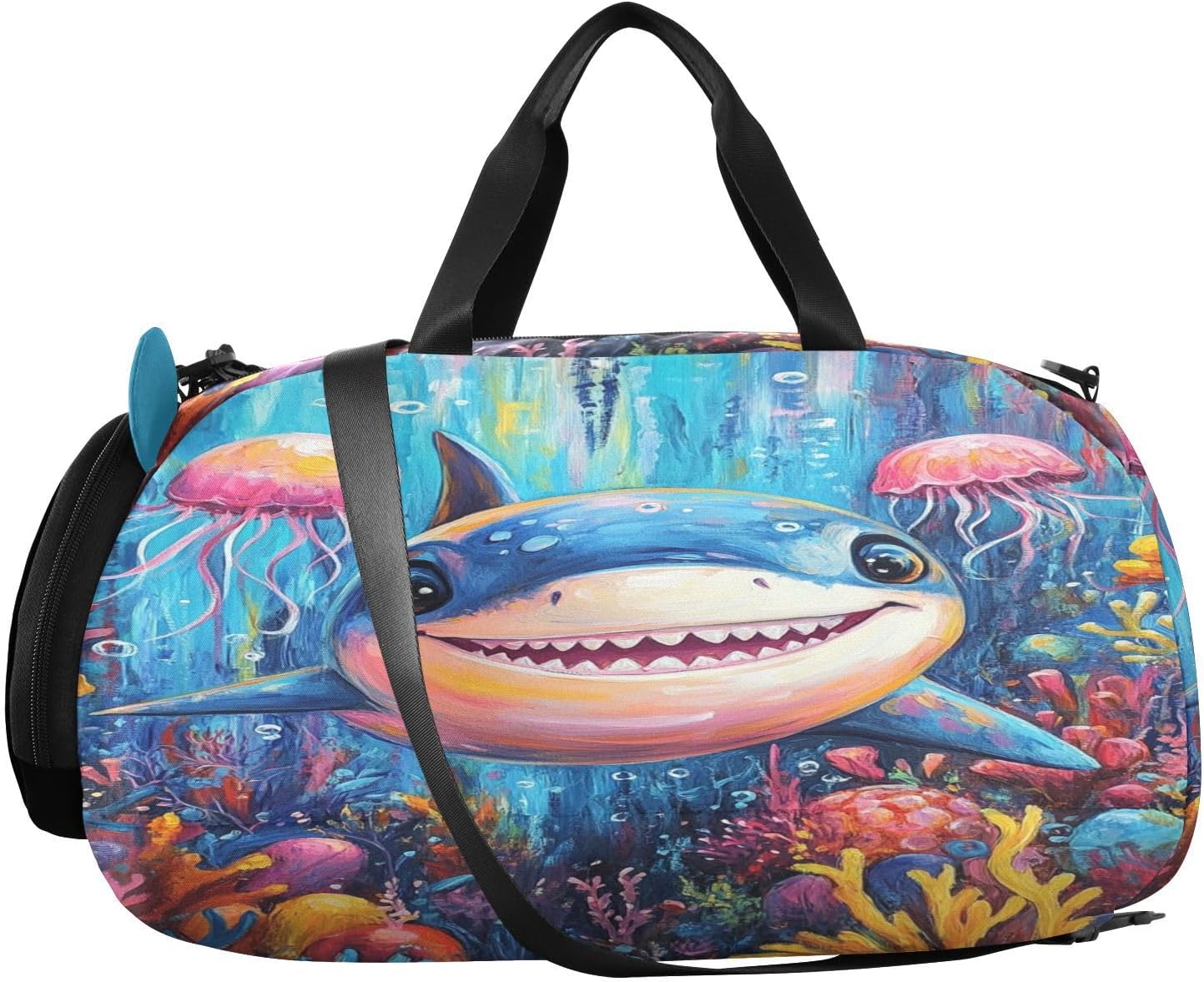 Shark Jellyfish Corals Blue Kids Travel Duffel Bag for Boys Girls Overnight Weekend Tote Bag with Shoes Compartment for Gym Sports Dance