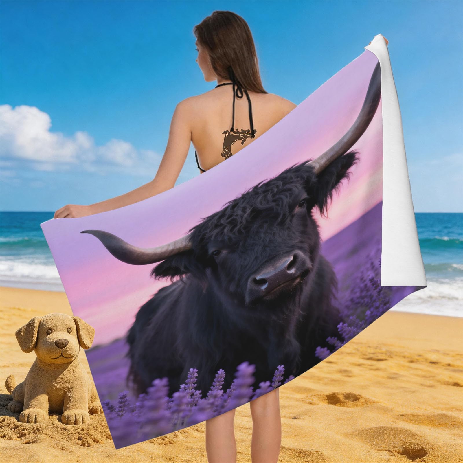 Leichong Men's Black 3D Highland Cow Beach Towel Microfiber Soft Quick Dry For Adults, Sunset Scenery Bath Towel Lightweight Soft Absorbent For Travel Swimming Pool Sports, 75 X 150 Cm