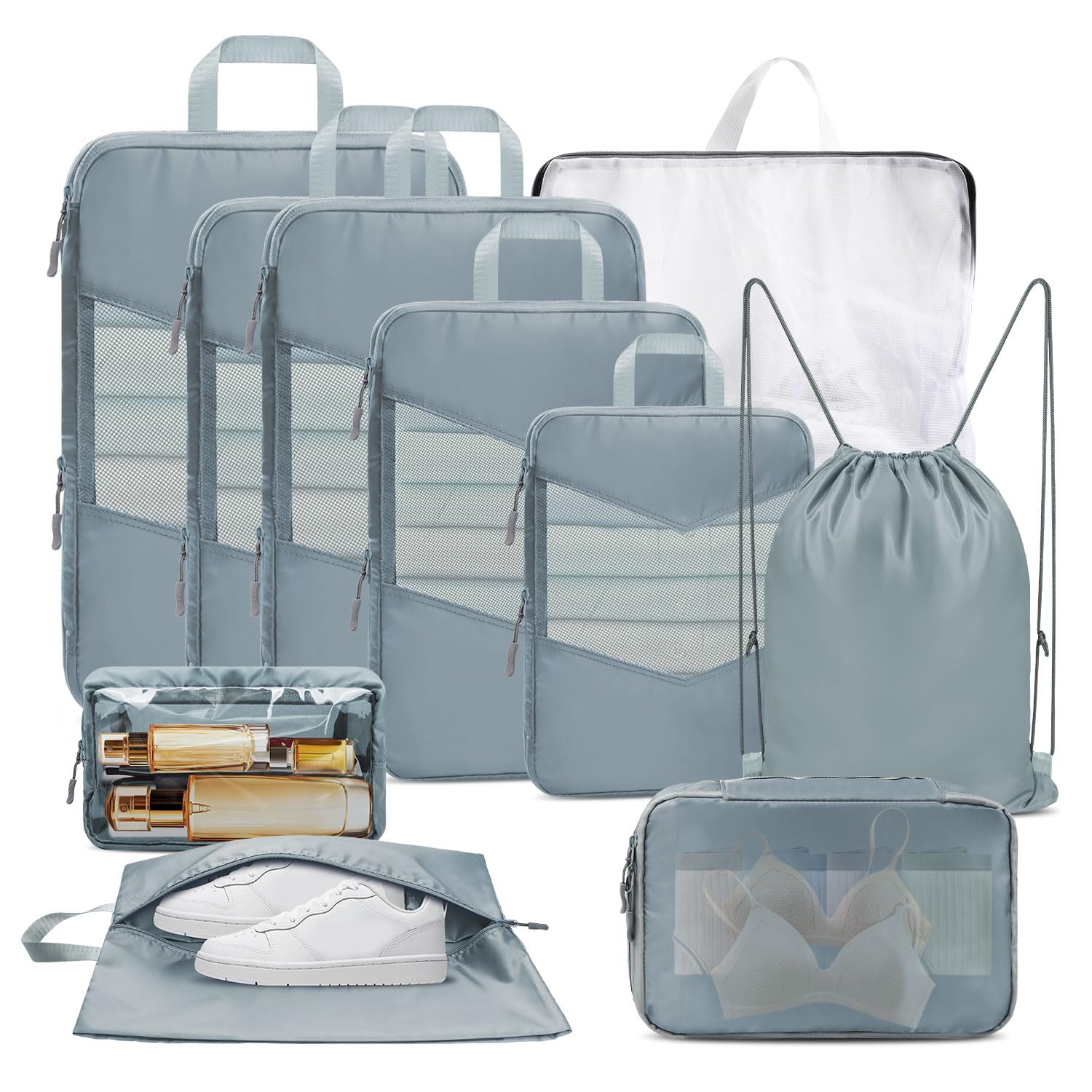 10 Set Compression Packing Cubes, Suitcase Organizer Bags Set for Travel Accessories, Lightweight Travel Essentials, Grey
