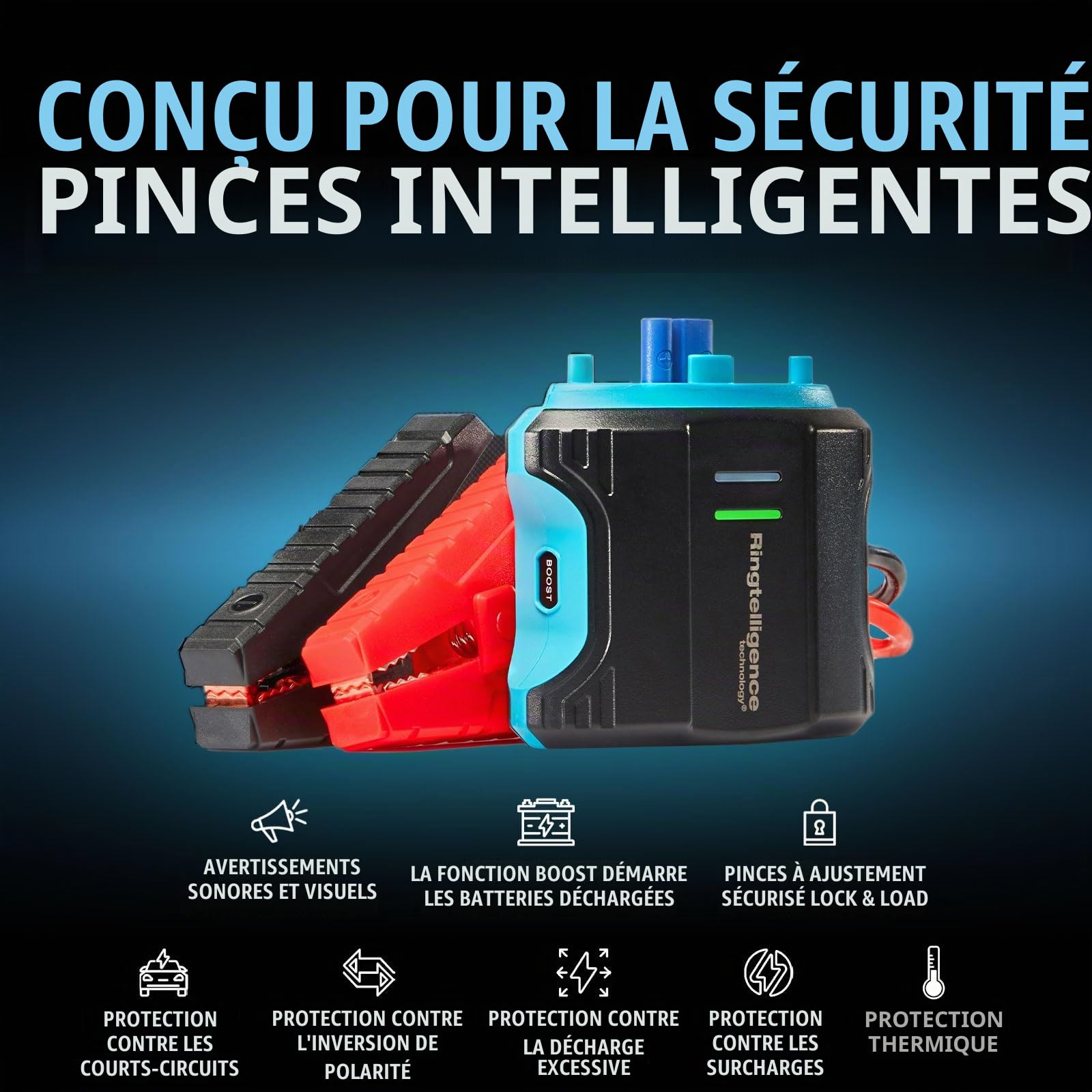 RING Ultraboost Démarreur de Batterie de Voiture 500 A – Démarre en Toute sécurité jusqu'à 3 litres d'essence et Moteurs Diesel de 1,5 Litre – Booster de Batterie avec câbles de démarrage, Batterie