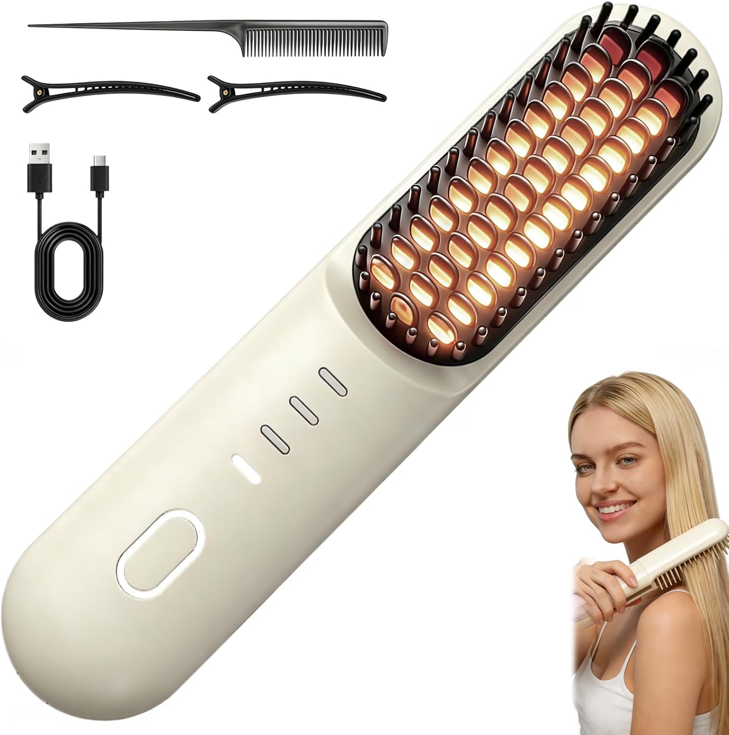 Go Brush Pro for Short Hair - 2026 Upgraded Cordless Hair Straightening Brush, 4 Temperature Settings, Fast Heat, MCH Ceramic Care, 4000mAh Rechargeable Straightener for Frizz-Free Styling（Beige）