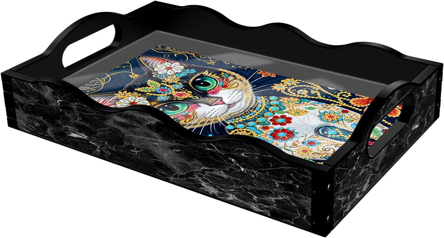 YGbaby DIY 5D Colorful Flowers Diamond Painting Plastic Serving Tray with Handles 12"x 8" Diamond Art Black Marble Pattern Decoration Serving Trays Plastic Tray for Coffee Table, Ottoman, Party