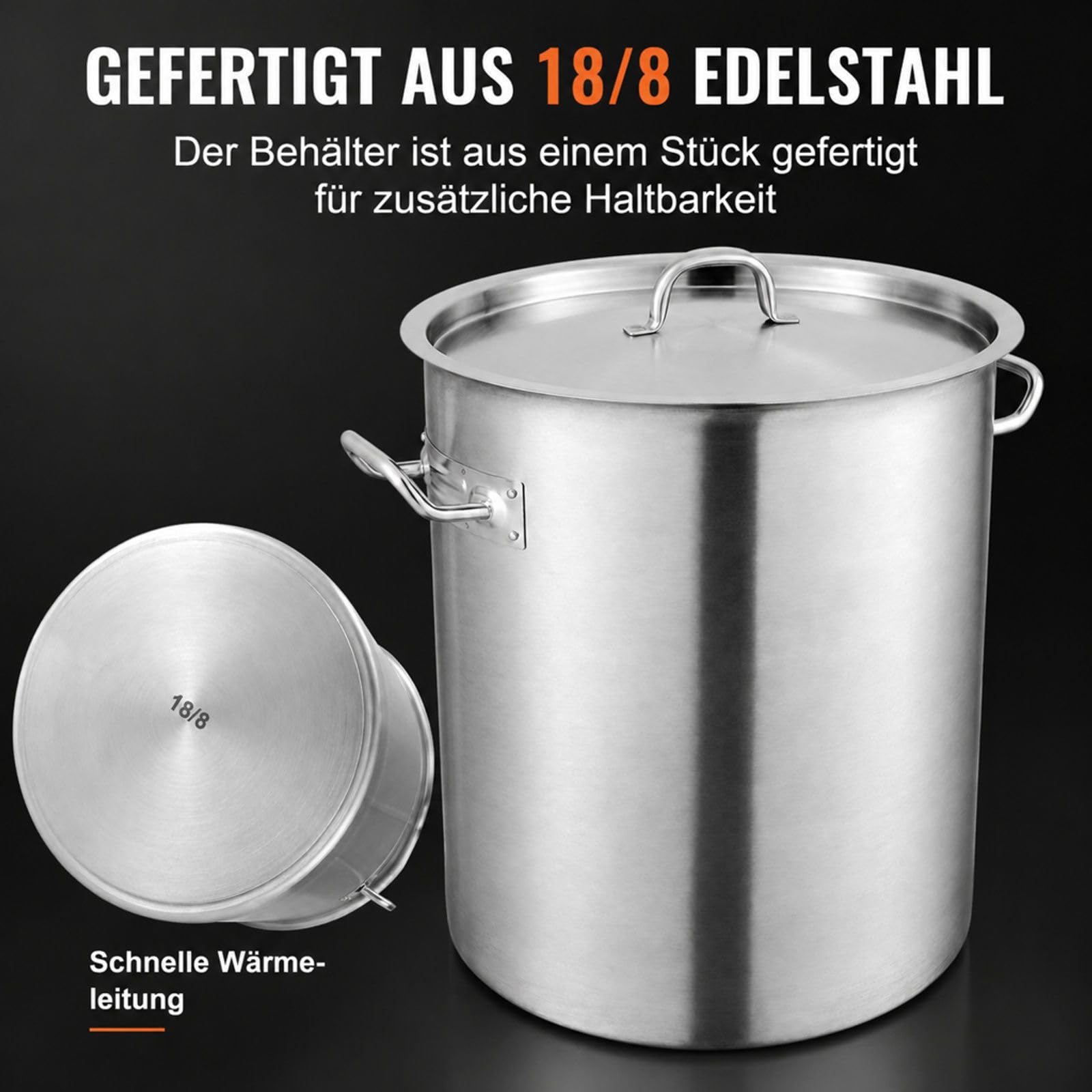 Edelstahl Kochtopf 39,7 L mit Deckel und Griffen, großer Suppentopf für Restaurant, Veranstaltung und Gewerbeküche