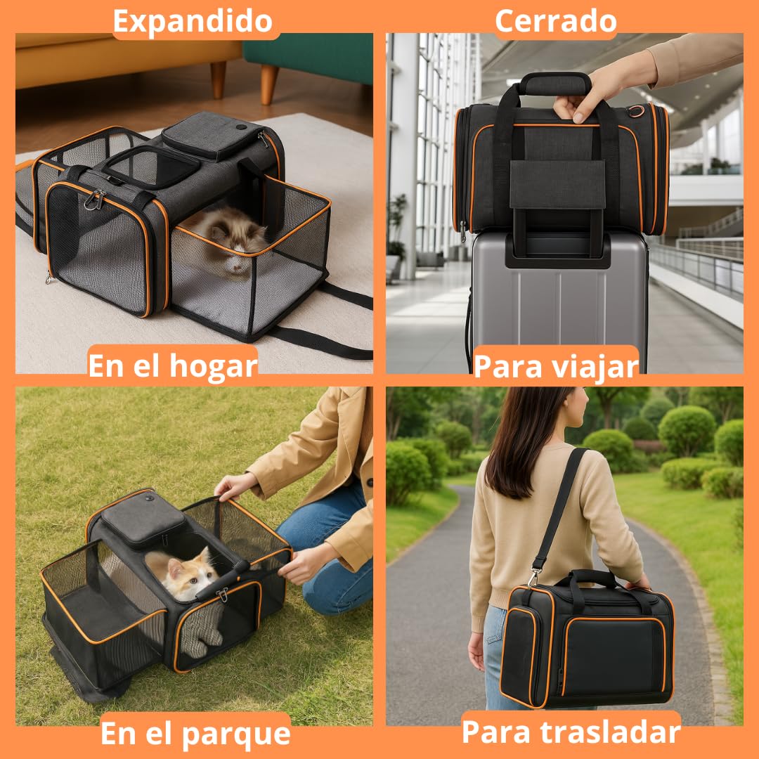 Pet's Hub Place, Transportin Gato Perro Pequeño, Bolso, Peso Máximo 7kgr, Tamaño 48X31X31cm, Extensible 75cm, Impermeable, Cojín Acolchado, Uso Interior/Exterior, +2 Comederos