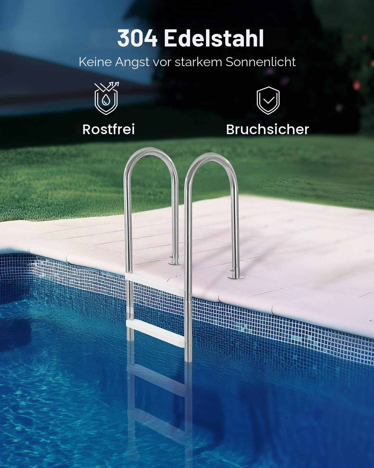 VEVOR Schwimmbadleiter, 4-stufige Treppe mit Doppelhandlauf, Pool Einstieg aus Edelstahl, 120 kg Tragfähigkeit, für 137 cm Einbaupools mit montiertem Deckbrett im Innen- und Außenbereich