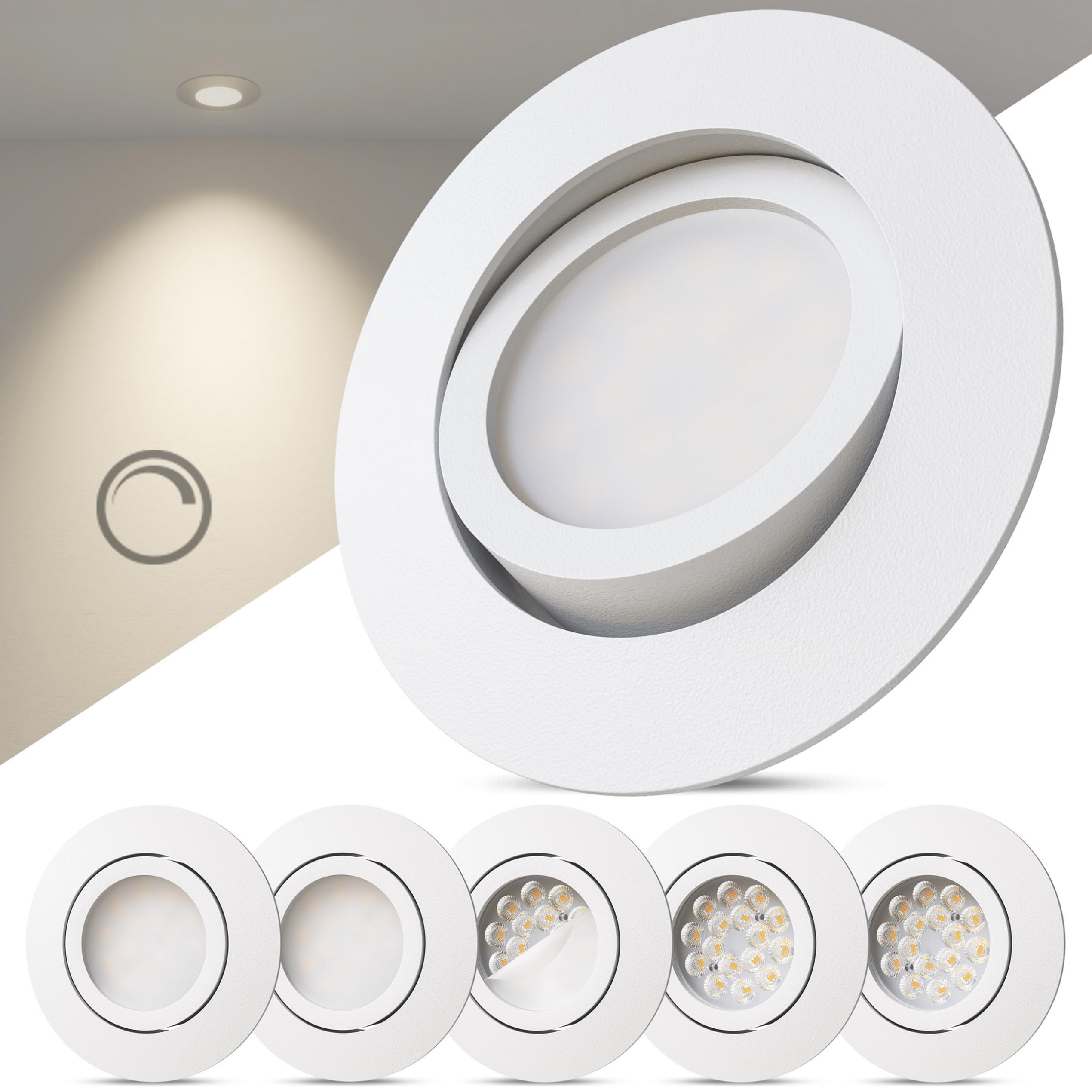 Scandinavian home 6er Set LED Einbaustrahler 230V Dimmbar - LED Spots 230V Warmweiß 3000K, 470 lm, CRI 90+, 68mm Lochmaß - IP44 Badezimmer Geeignet - Deckenspots Weiß-Matt, Schwenkbar