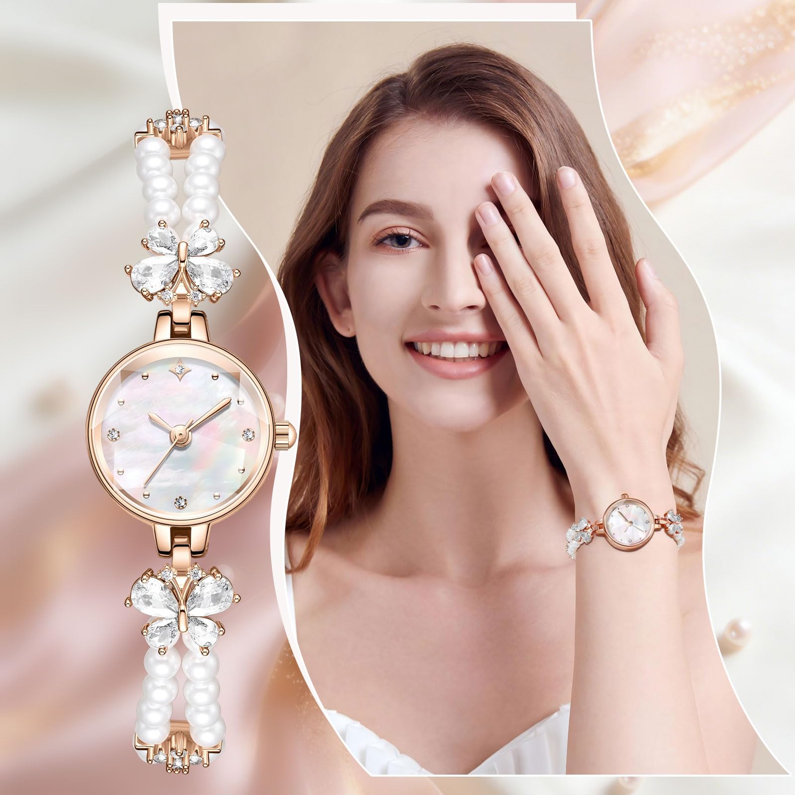 findtime Orologio analogico da donna, impermeabile fino a 3 ATM, rotondo, al quarzo, elegante, vintage, con perle, squisito orologio alla moda, da donna, con perline e strass