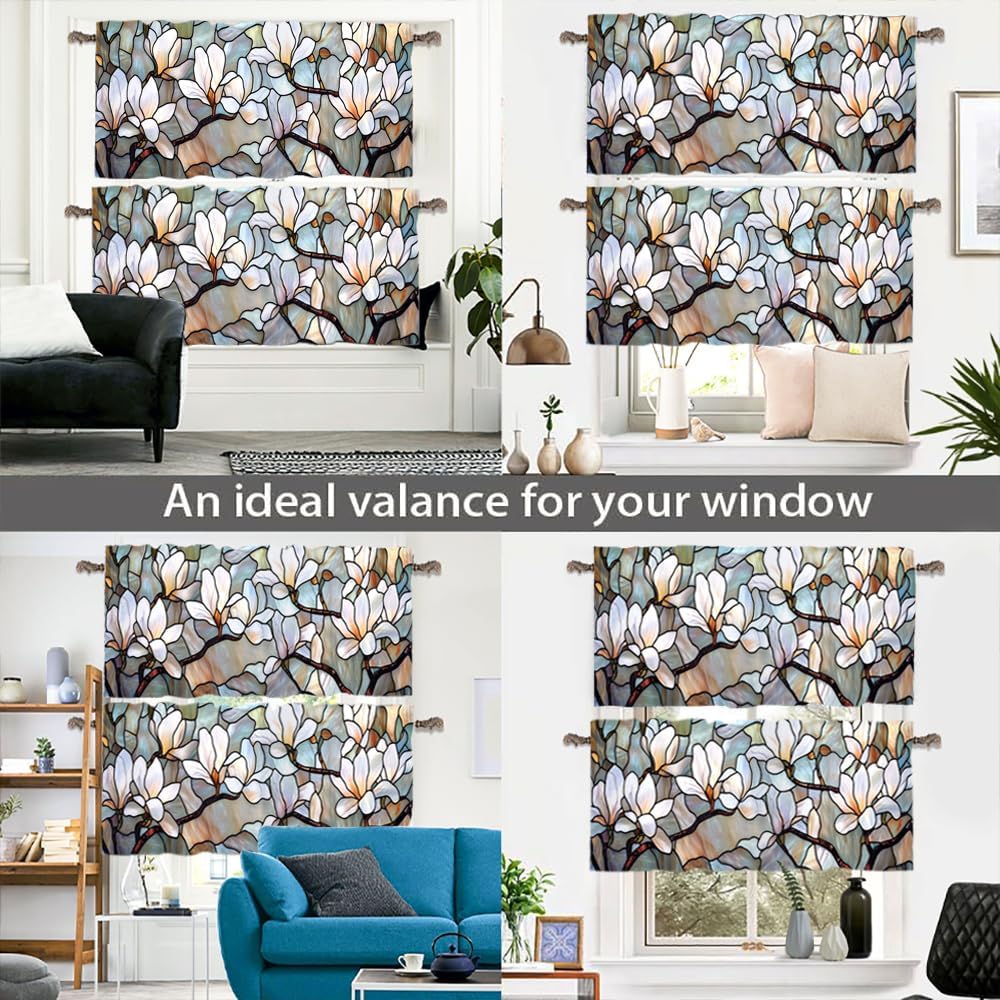 2 Panels Vintage Floral Curtain Valance for Windows, Stained Glass Flower Design Rod Pocket Short Window Treatment Decor Drapes for Kitchen, Bathroom, 54" X 18"