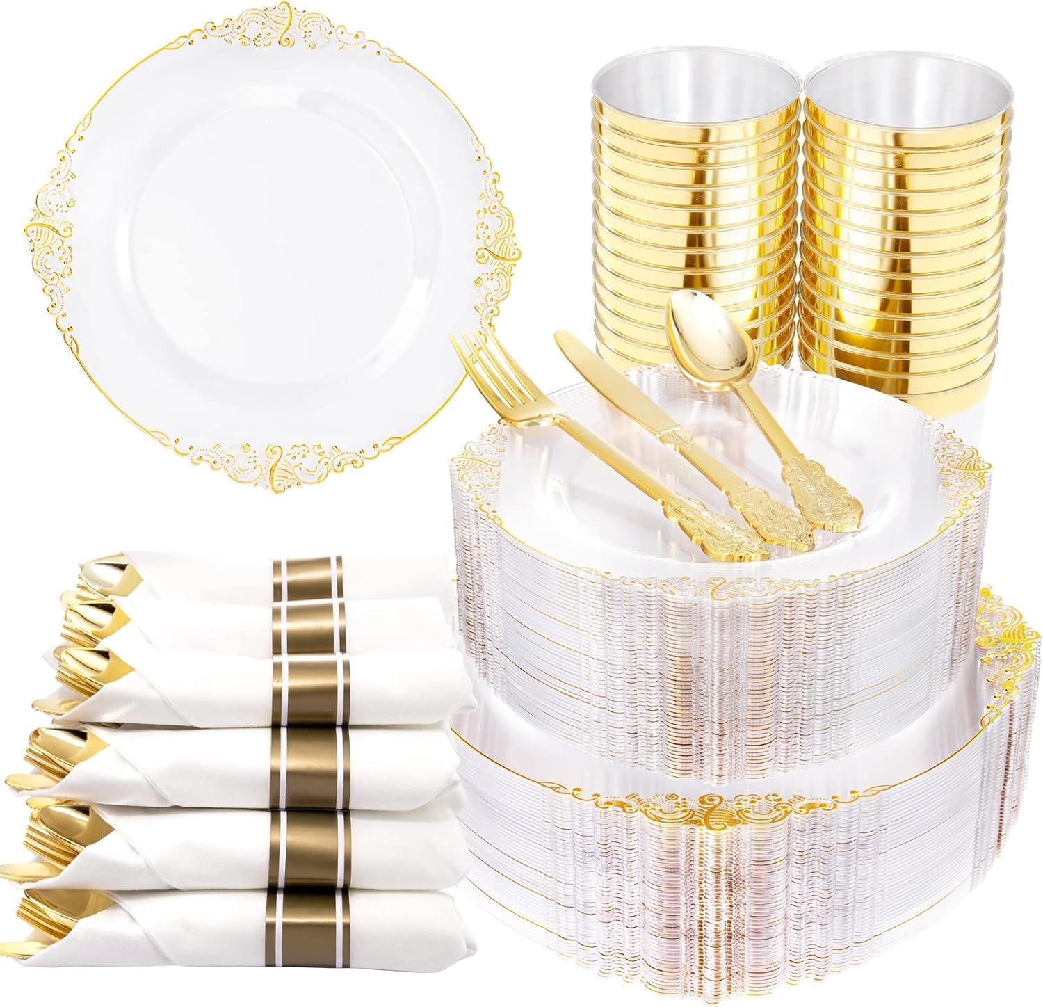 Hioasis 525pcs Clear & Gold Plastic Dinnerware - 75 Dinner Plates, 75 Dessert Plates, 75 Utensils & 75 Napkins for Parties & Weddings