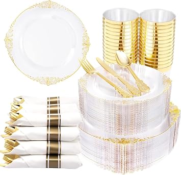 525pcs Clear & Gold Plastic Dinnerware - 75 Dinner Plates, 75 Dessert Plates, 75 Utensils & 75 Napkins for Parties & Weddings