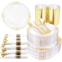 Hioasis 525pcs Clear & Gold Plastic Dinnerware - 75 Dinner Plates, 75 Dessert Plates, 75 Utensils & 75 Napkins for Parties & Weddings
