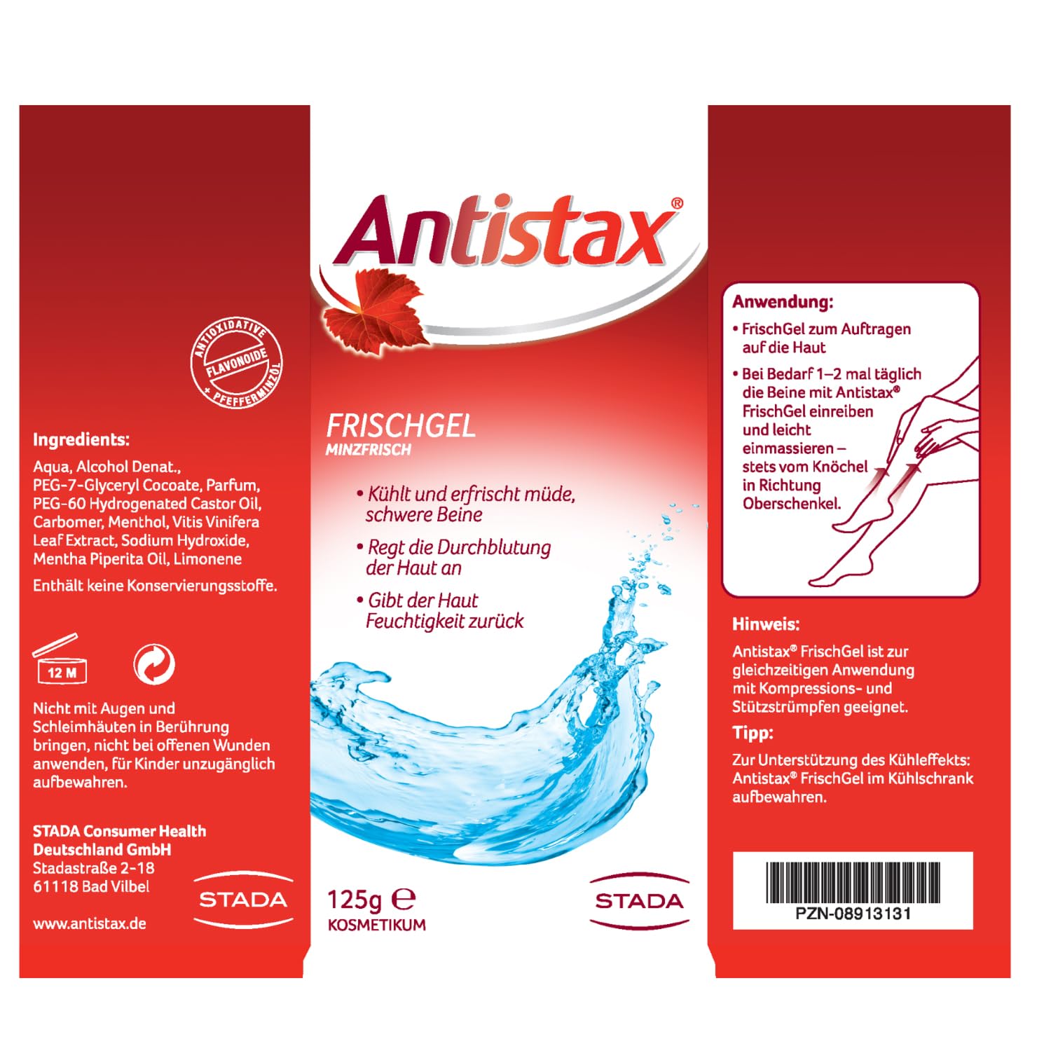 Antistax Fresh Gel, Crema Gambe Gonfie, Crema Gambe Stanche, Estratto Vite Rossa, Mentolo, Olio Essenziale Menta, 1 Confezione 125 ml