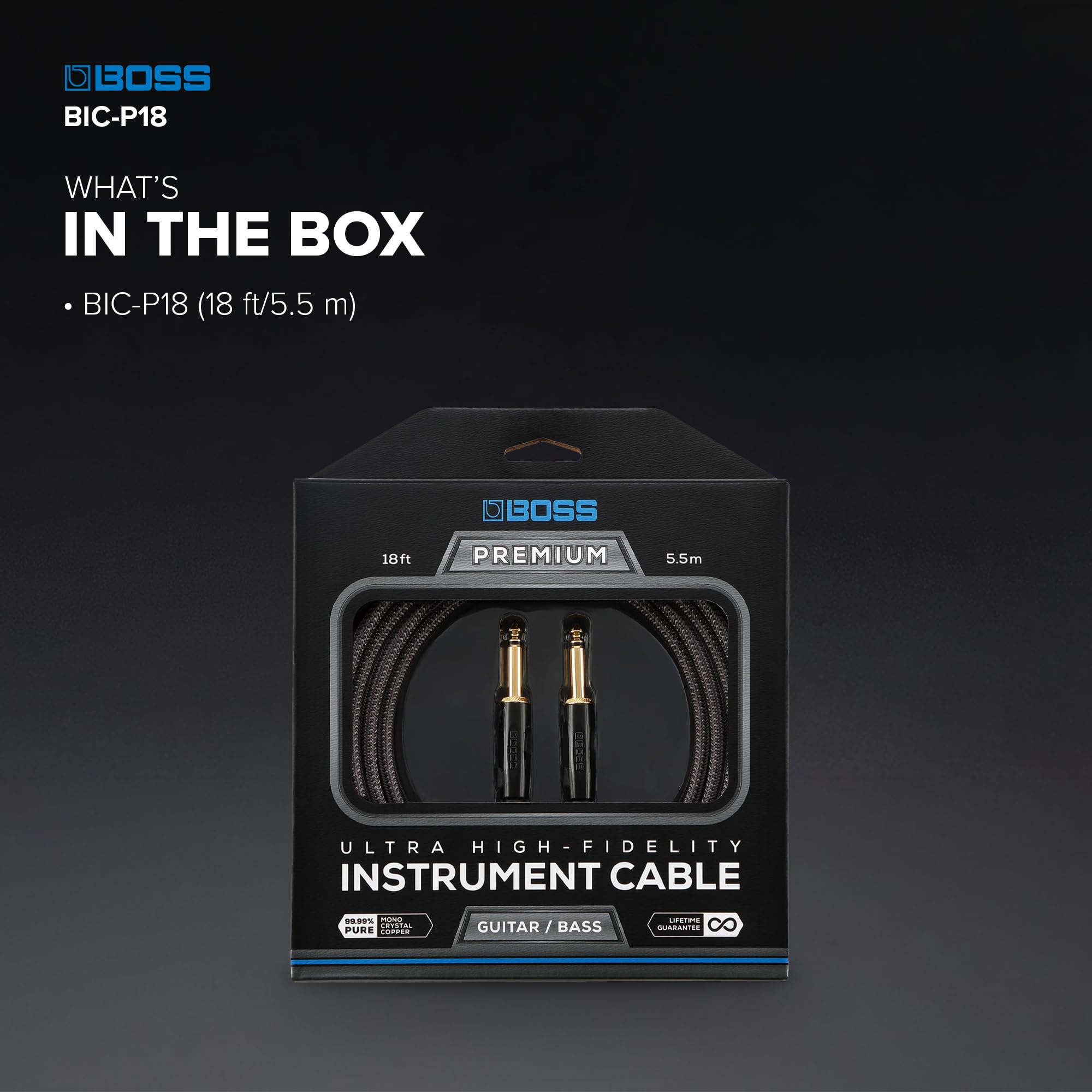 Cavo per Strumenti ad Altissima-Fedeltà BOSS BIC-P18 – 18ft / 5.5m – Spine Dritte da 1/4" con Connettori Placcati in Oro 24K – Per un suono superiore dalla vostra chitarra o basso