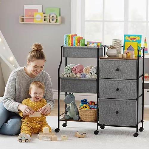Miniatura 2 de PandaEar Organizador y almacenamiento de pañales para bebé, carrito de guardería rodante de 3 niveles con cajones y divisores, carrito