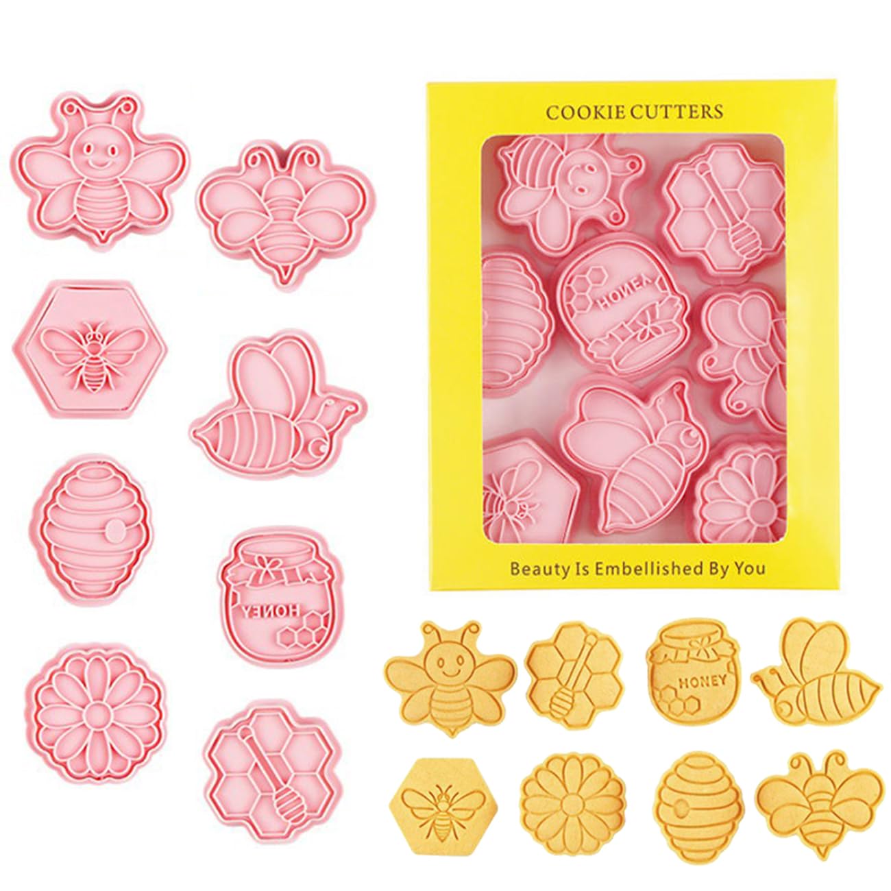 8 Pieces Cute Honey Bee Cookie Cutters, Plastic Bee Flower Theme Cookie Cutters Biscuit Mould Press Stamps for Kitchen Baking DIY Fondant Candy Decorating - Bee
