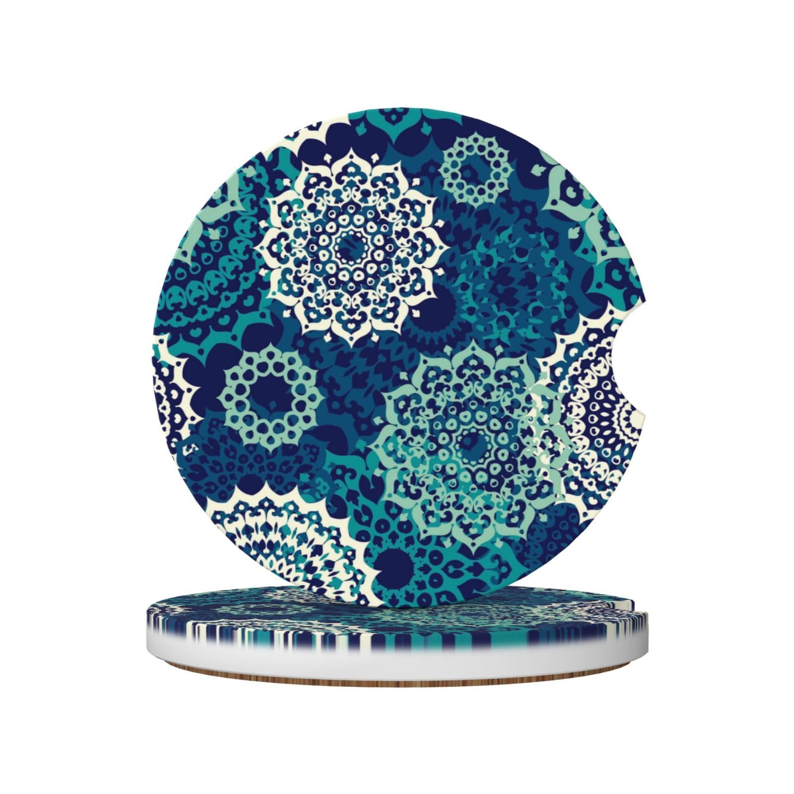 Xiso Ver Bohemian Mandala Car Cup Coasters 2 Pack Ceramic Cup Holders 2.56" Cork Base Drink Coasters with Finger Notch for Easy Move of Car Cup Holder