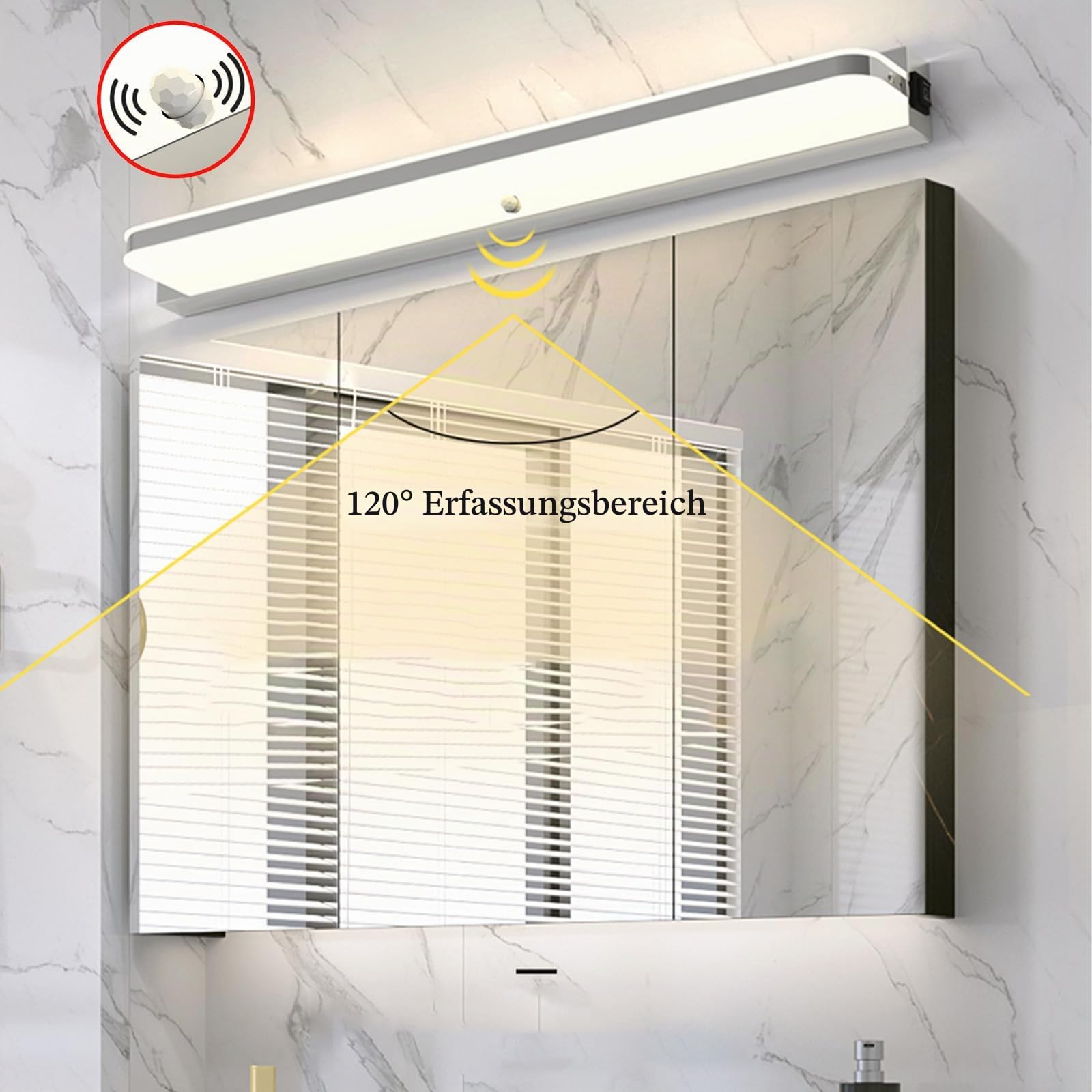 LED Spiegelleuchte Bad mit Bewegungsmelder Edelstahl Spiegellampe Badezimmer Wandleuchten Wasserdicht Modern Lange Wandlampen Schlafzimmer Wohnzimmer Treppenhaus Natürliches Licht (Silbernes,52cm)