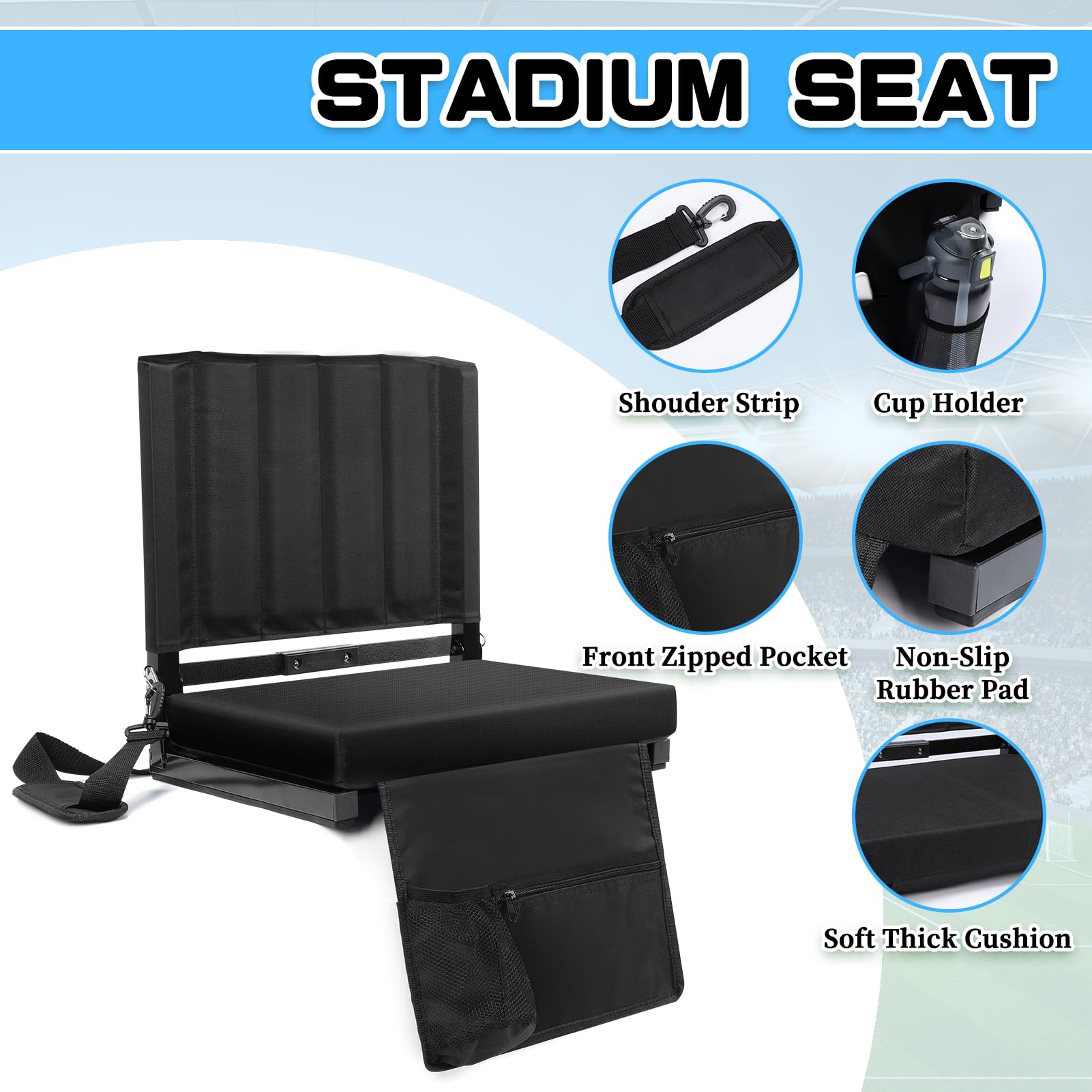 Asiento de estadio con respaldo acolchado, asiento de estadio con 2 opciones de transporte, asiento de tribuna con acolchado grueso para eventos deportivos y conciertos.