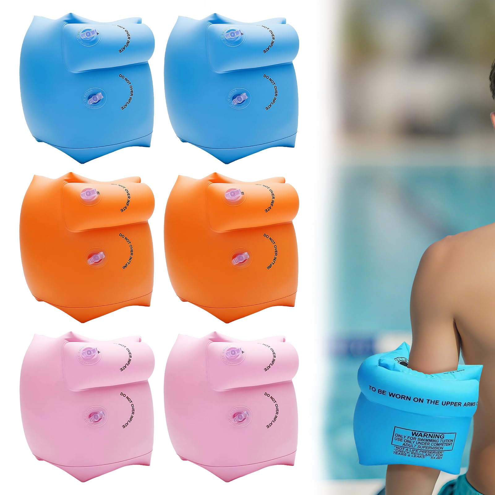 3 Pairs Inflatable Swimming Armbands for Kids and Adults | Adjustable Arm Bands Float Roll-Up Sleeves for Swimming Training Aids, Dual Airbag Protection, 3 Bright Colors