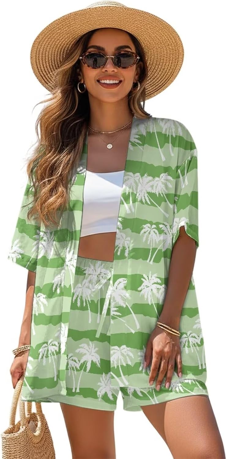 Hawaii Resort Wear 2Pcs Set Summer Open Front Top and Shorts Set Casual Vacation Tracksuit Outfits