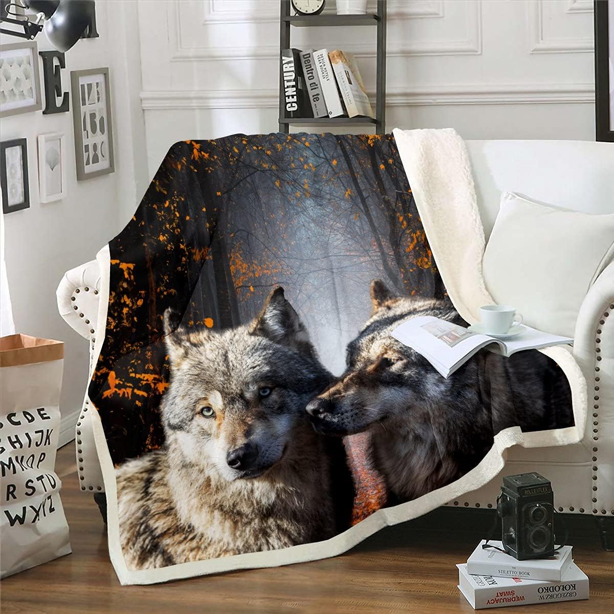 Wolf Sherpa Blanket Kids Safari Animal Pattern Fleece Throw