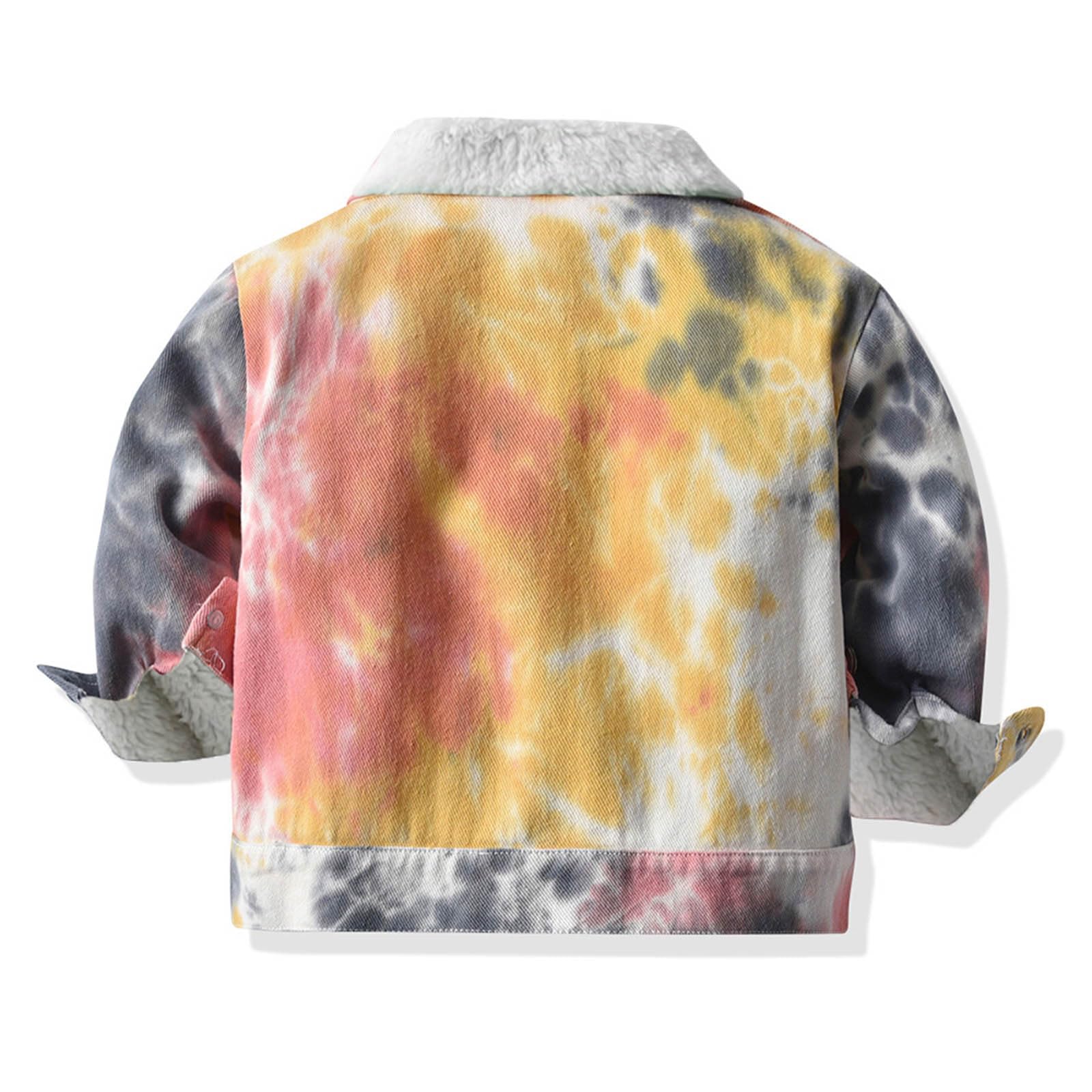 Chaqueta cortavientos de denim polar para niños, estampado tie-dye, forro de felpa, bolsillos y cremallera, moderna y divertida, ideal para el frío, unisex infantil.